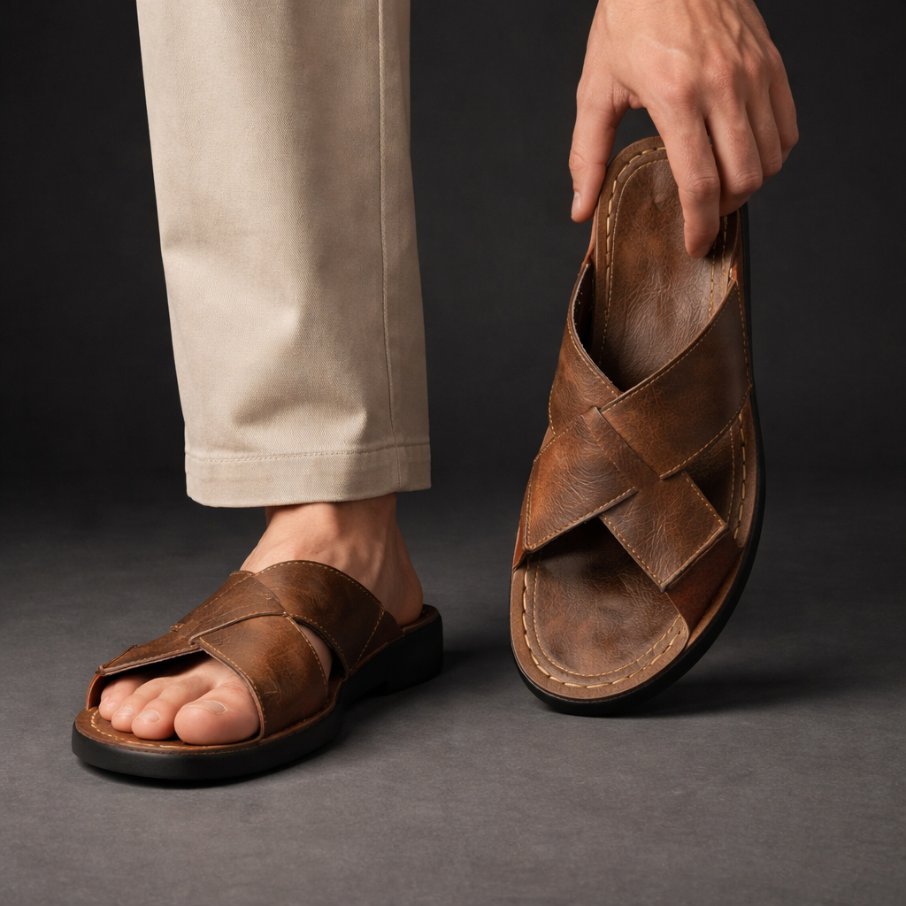 Men's Leather Sandals with Cross Straps and Comfort Insole