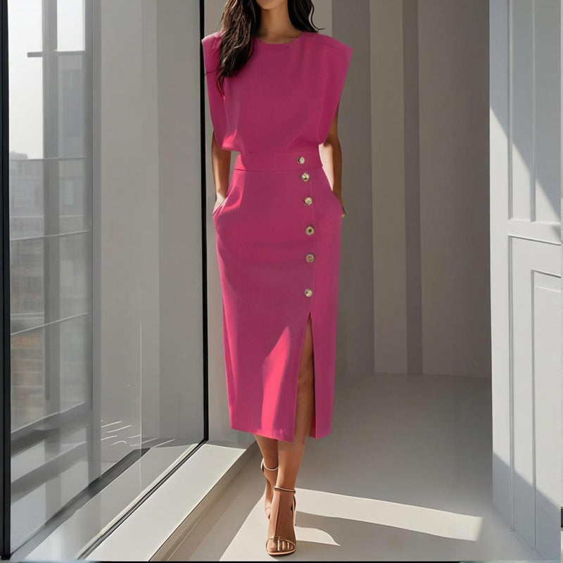 Structured Midi Dress for Women with Side Buttons and Slit - Elegant and Tailored Style