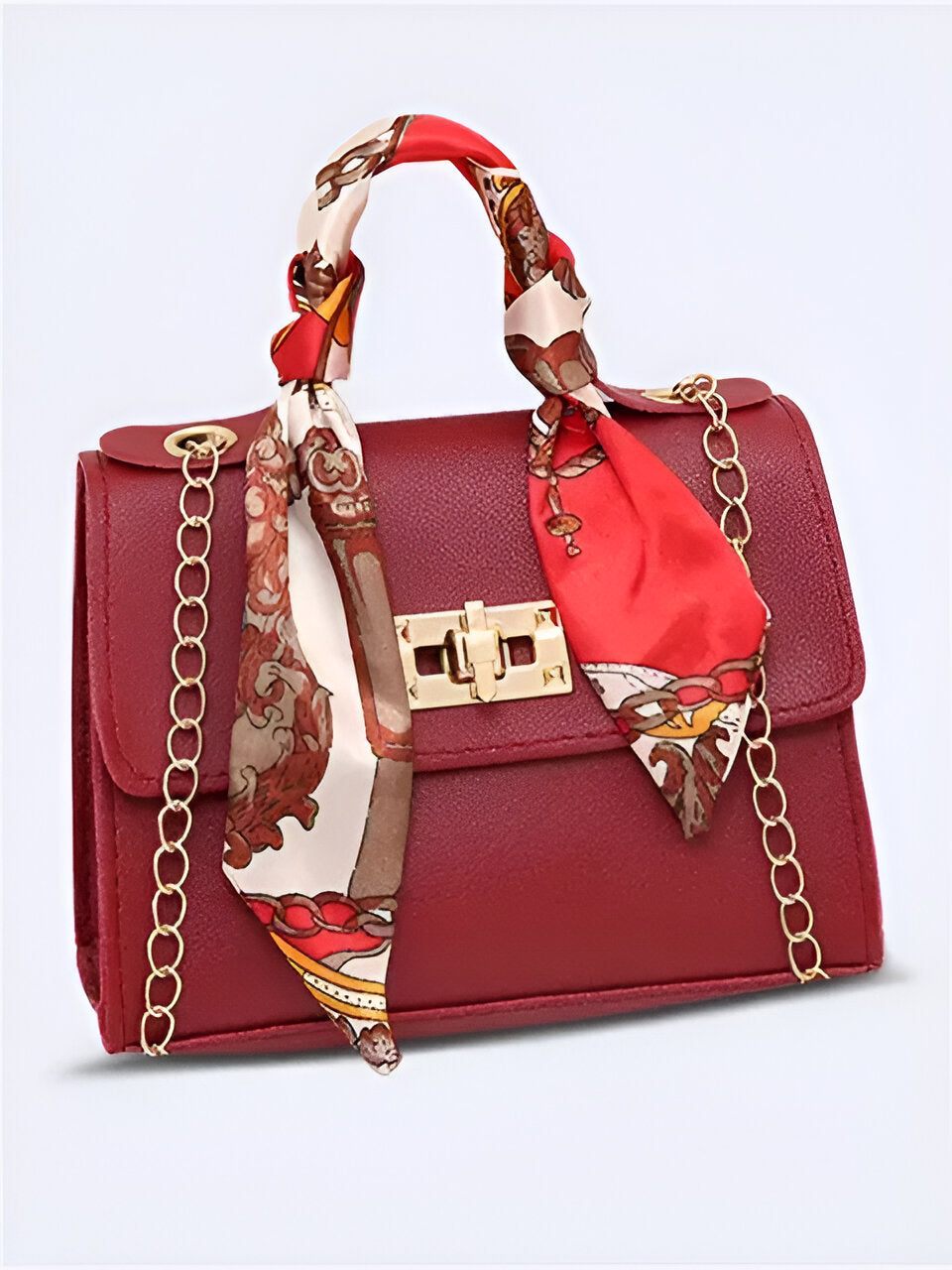 Borsa donna a mano con foulard decorativo e tracolla a catena