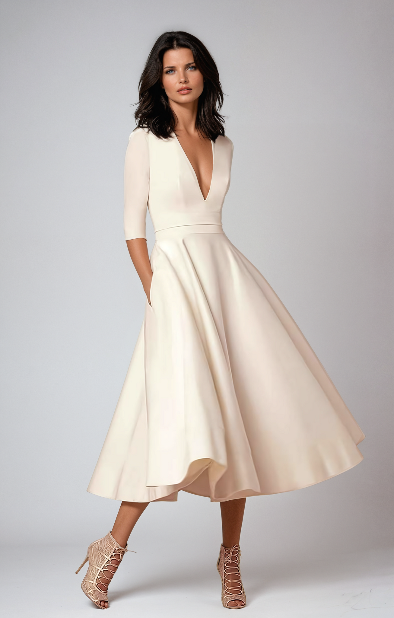 Flared Midi Dress with V-Neck and Short Sleeves