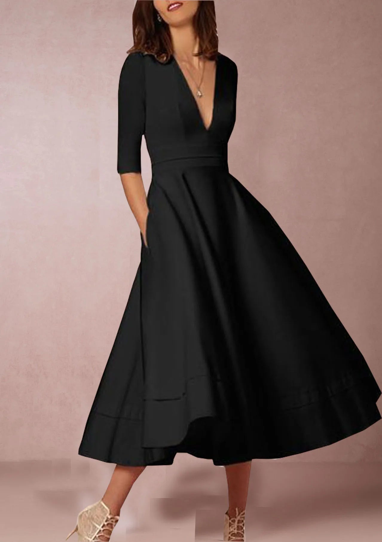 Flared Midi Dress with V-Neck and Short Sleeves