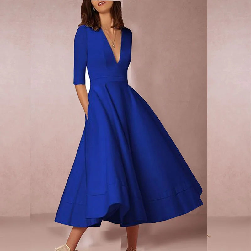 Flared Midi Dress with V-Neck and Short Sleeves