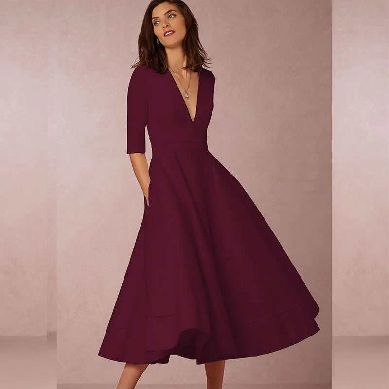Flared Midi Dress with V-Neck and Short Sleeves