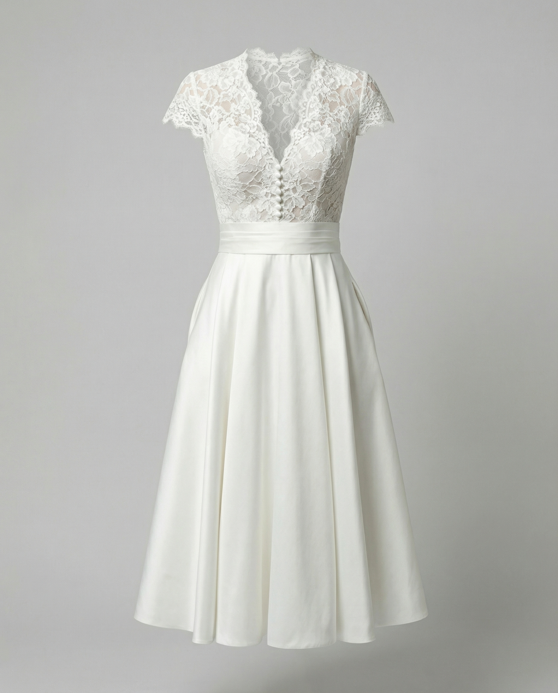 Abito Midi Donna con Scollo a V in Pizzo e Gonna Svasata