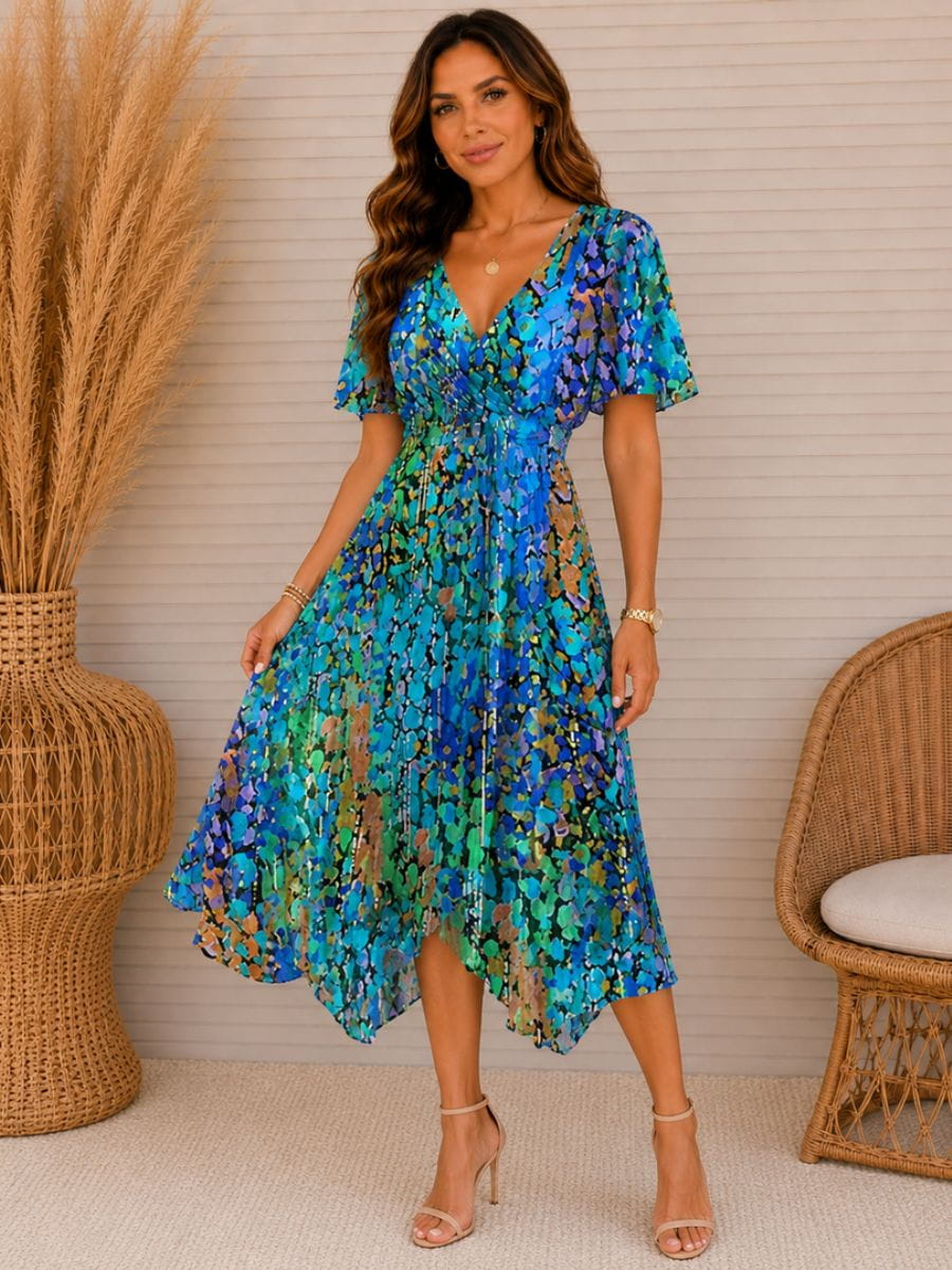 Vestido midi floral para mujer con escote en V y mangas cortas