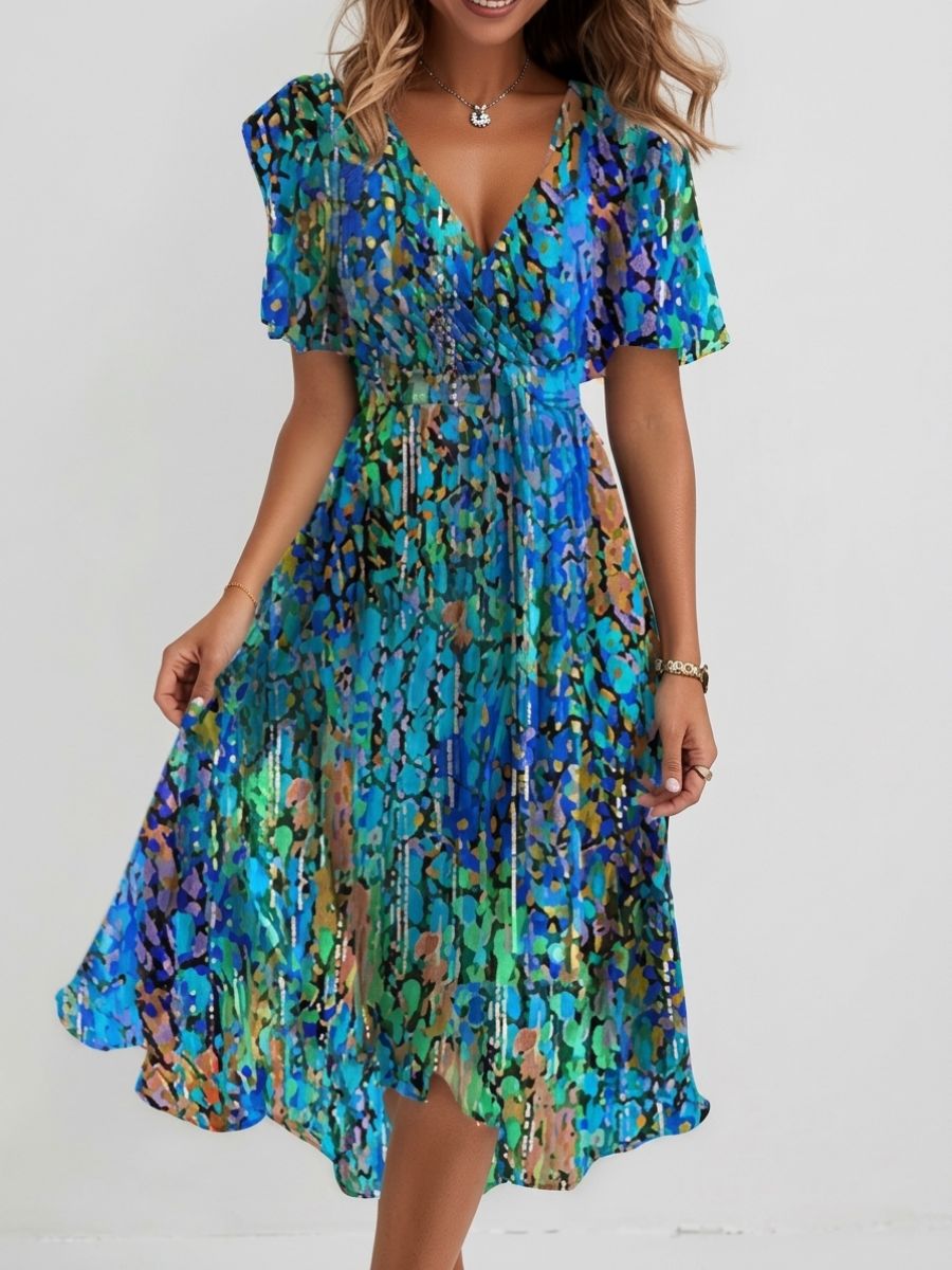 Vestido midi floral para mujer con escote en V y mangas cortas