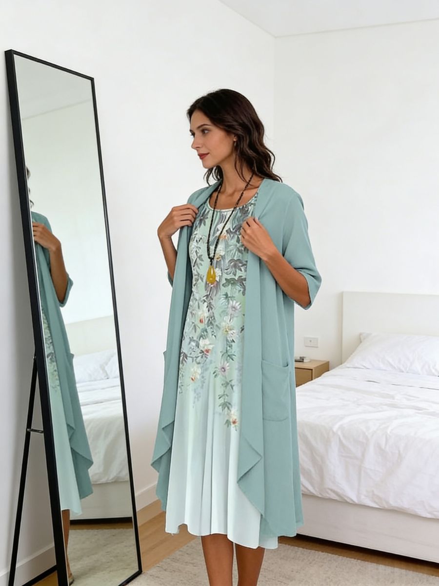 Midi-kjole med blomsterprint og chiffonlag