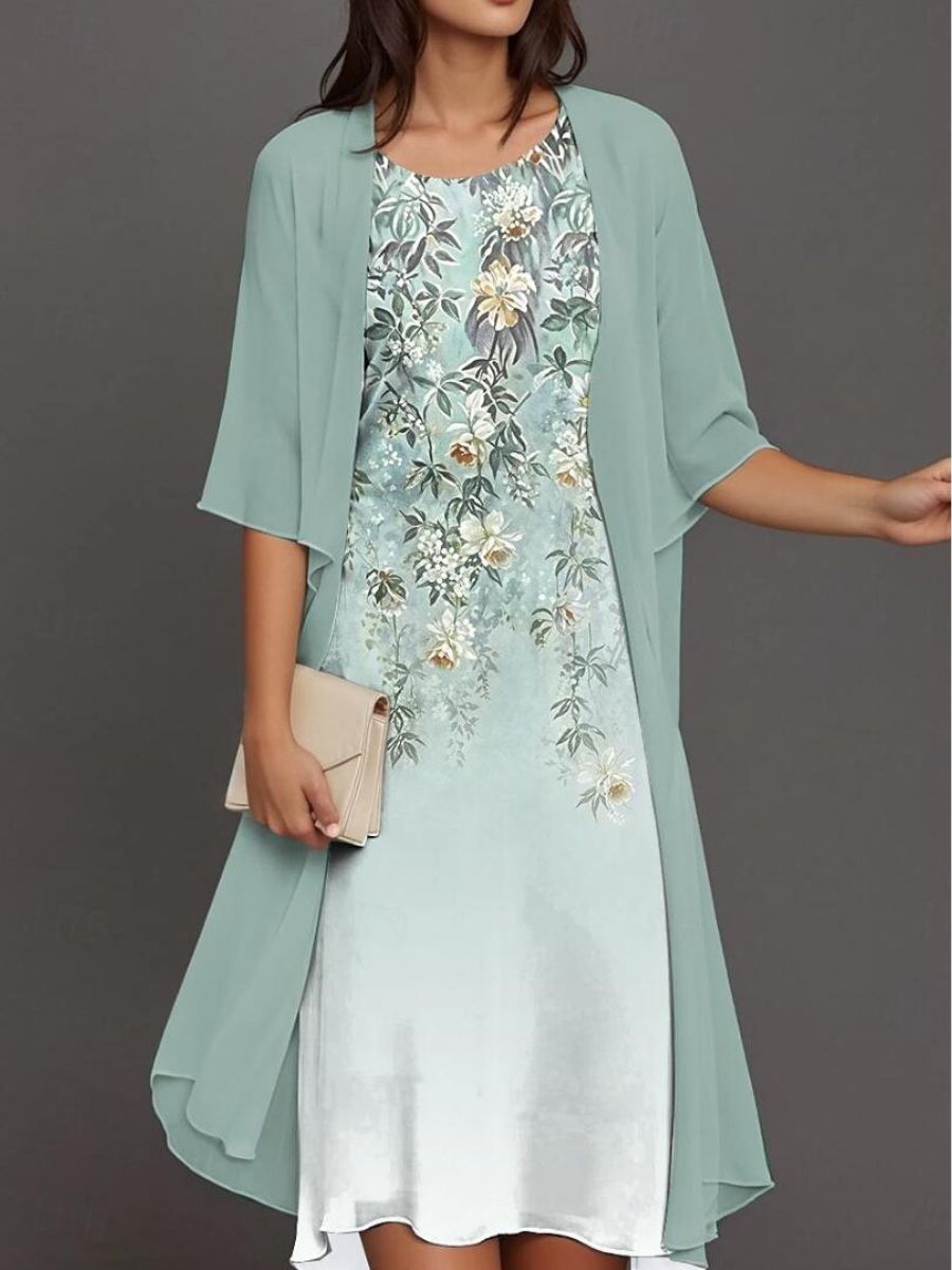 Midi-kjole med blomsterprint og chiffonlag