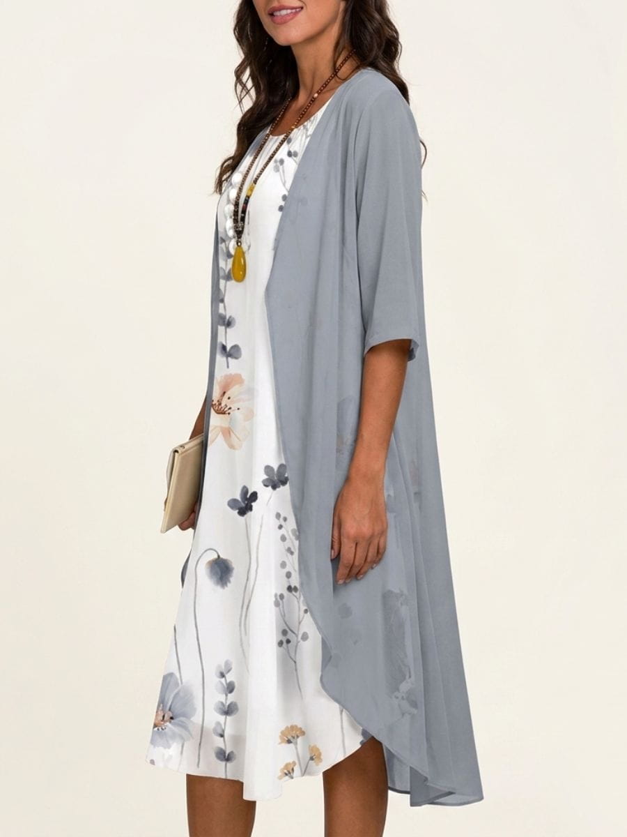 Abito Midi Floreale con Coprispalle in Chiffon