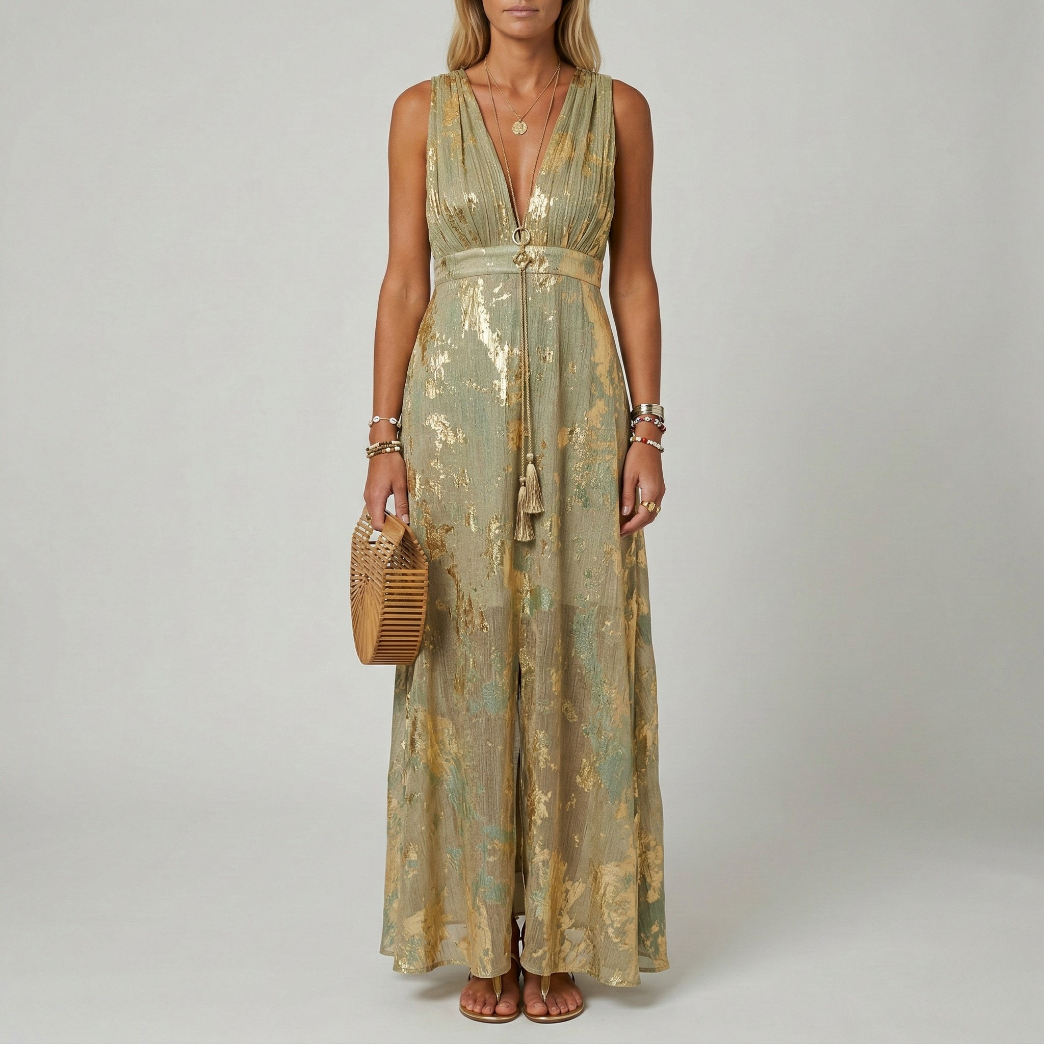 Robe longue femme col en V sans manches robe élégante de cérémonie