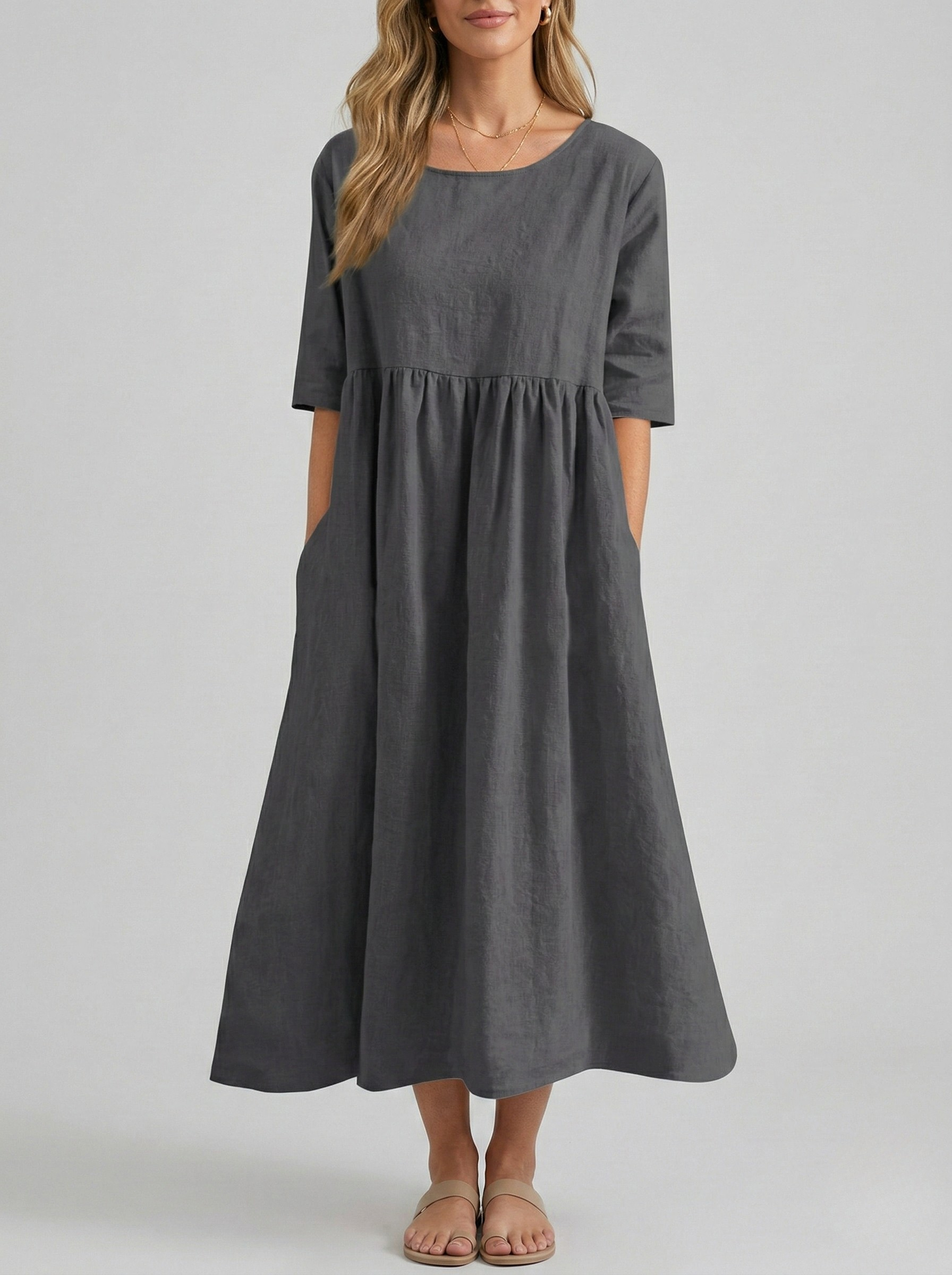 Vestito midi donna in cotone con maniche corte e tasche laterali casual