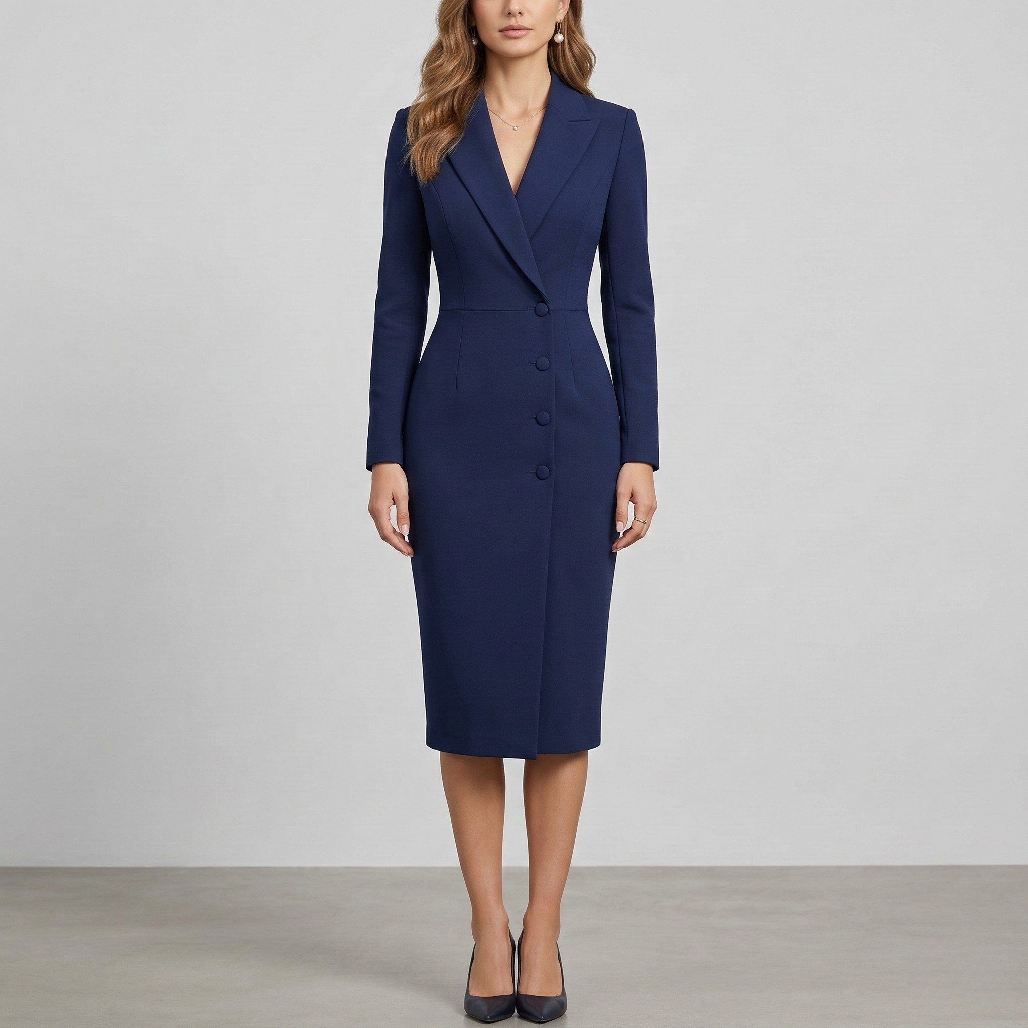 Vestito blazer donna midi elegante abito sartoriale con bottoni maniche lunghe