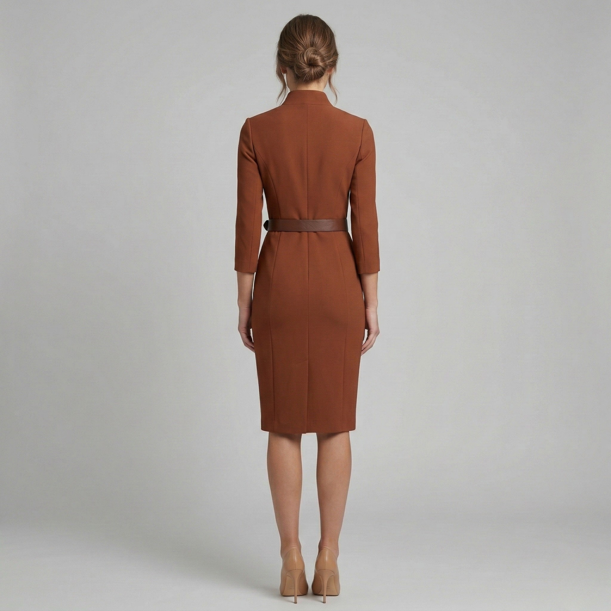 Vestito donna elegante midi con cintura scollo a V maniche 3/4 abito sartoriale slim