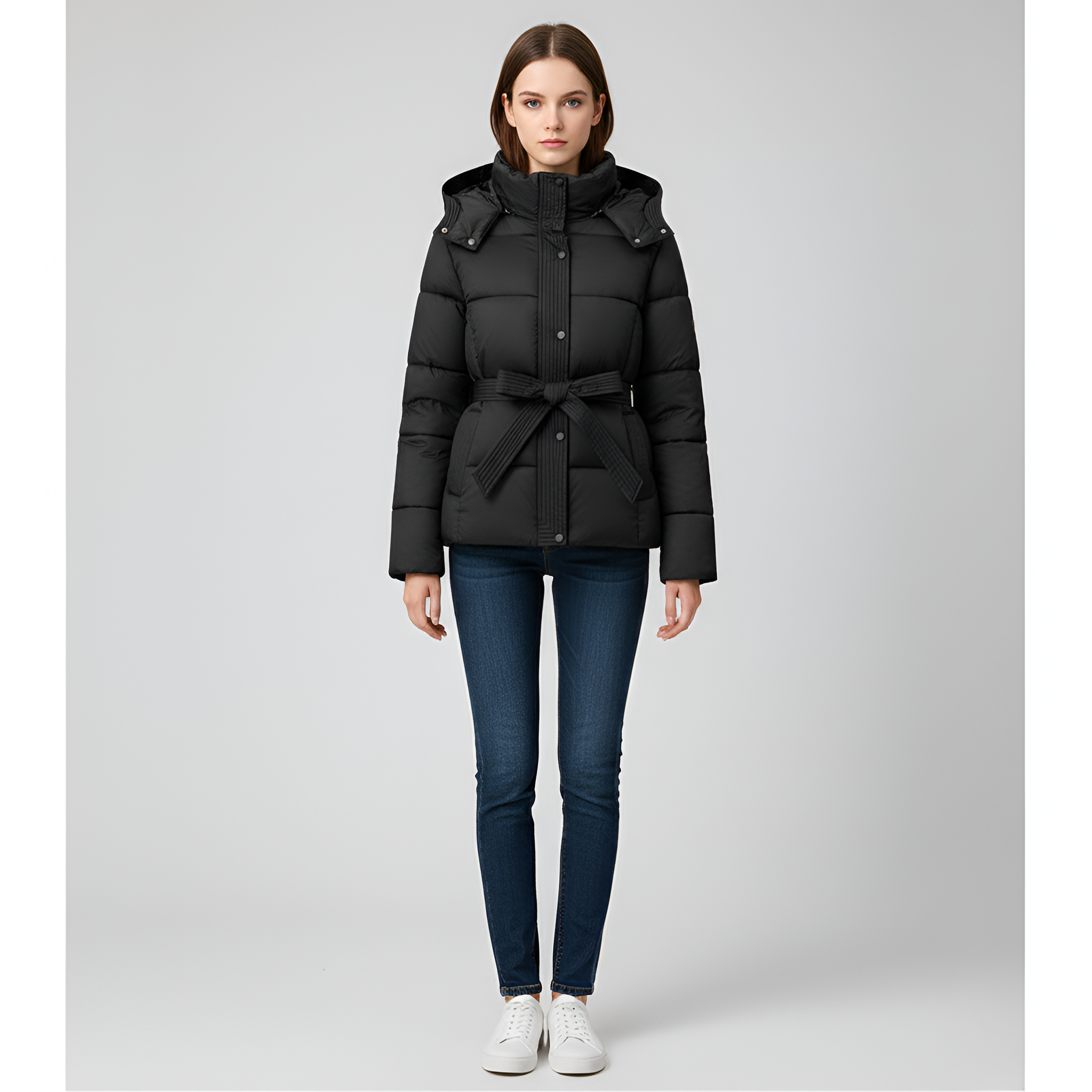 Valerios Fashion dame dunjakke med hætte og bælte, foret, vinter
