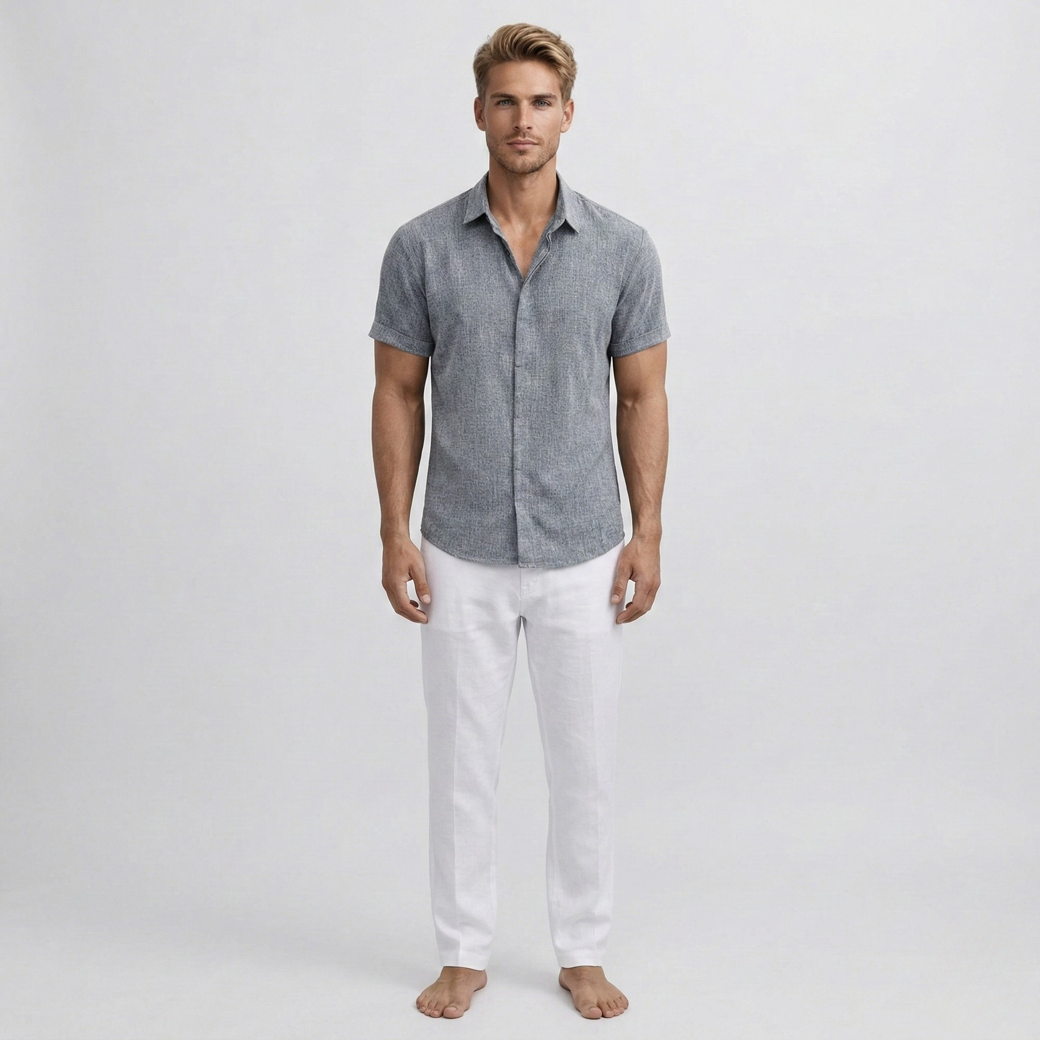 Camisa de Homem em Linho Manga Curta Ajustada de Verão Casual Elegante