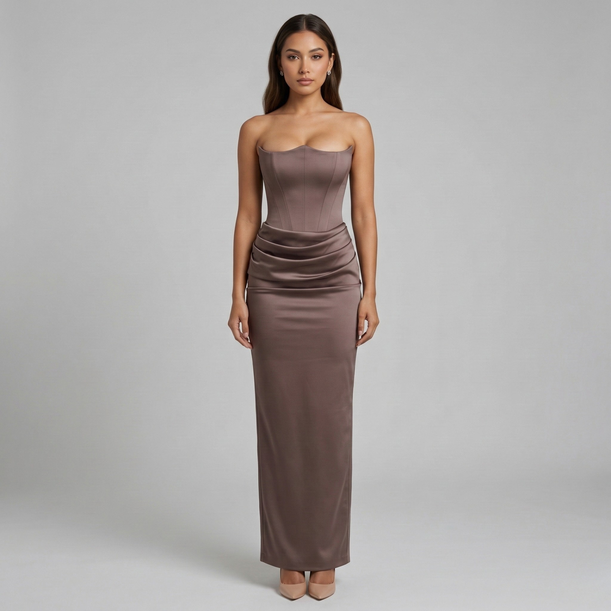 Vestido longo de mulher elegante sem alças, vestido de noite justo estilo sereia