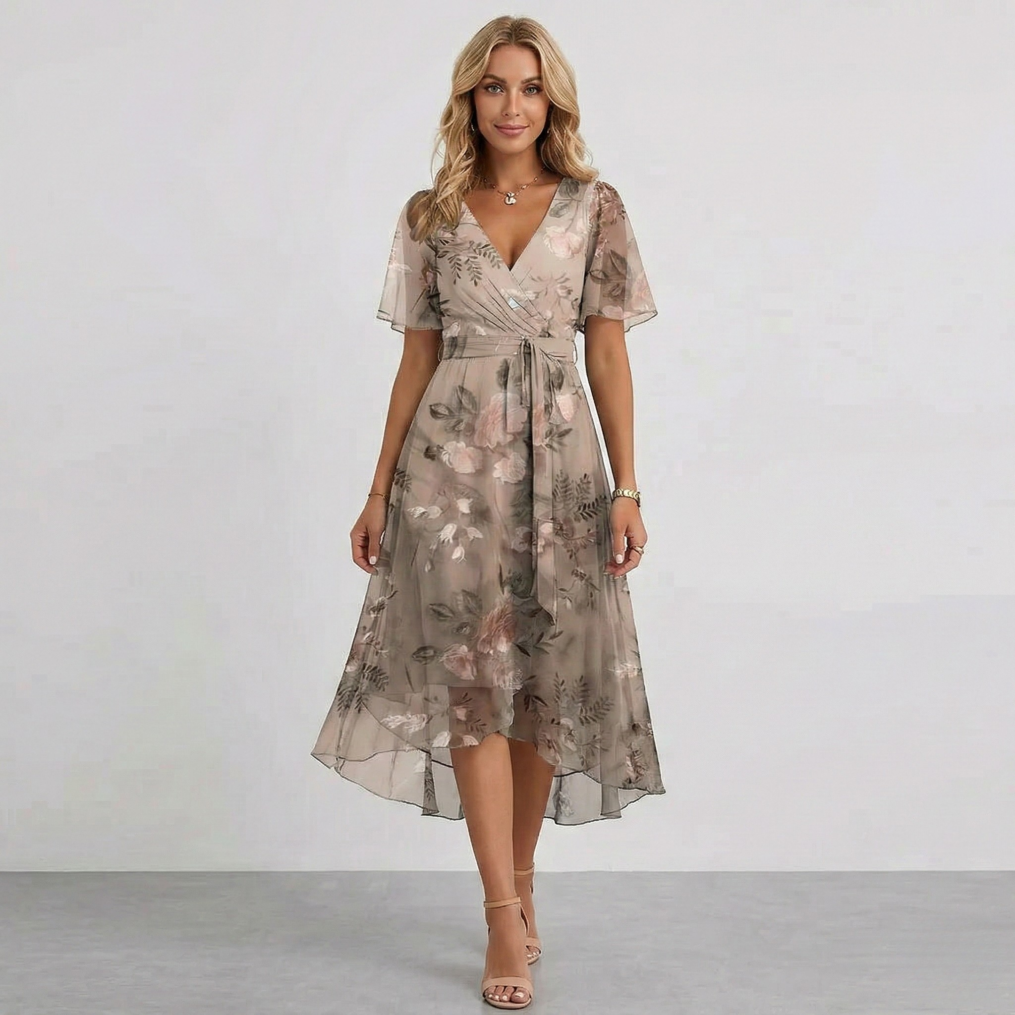 Vestito Donna Floreale con Scollo a V Manica Corta e Cintura in Vita