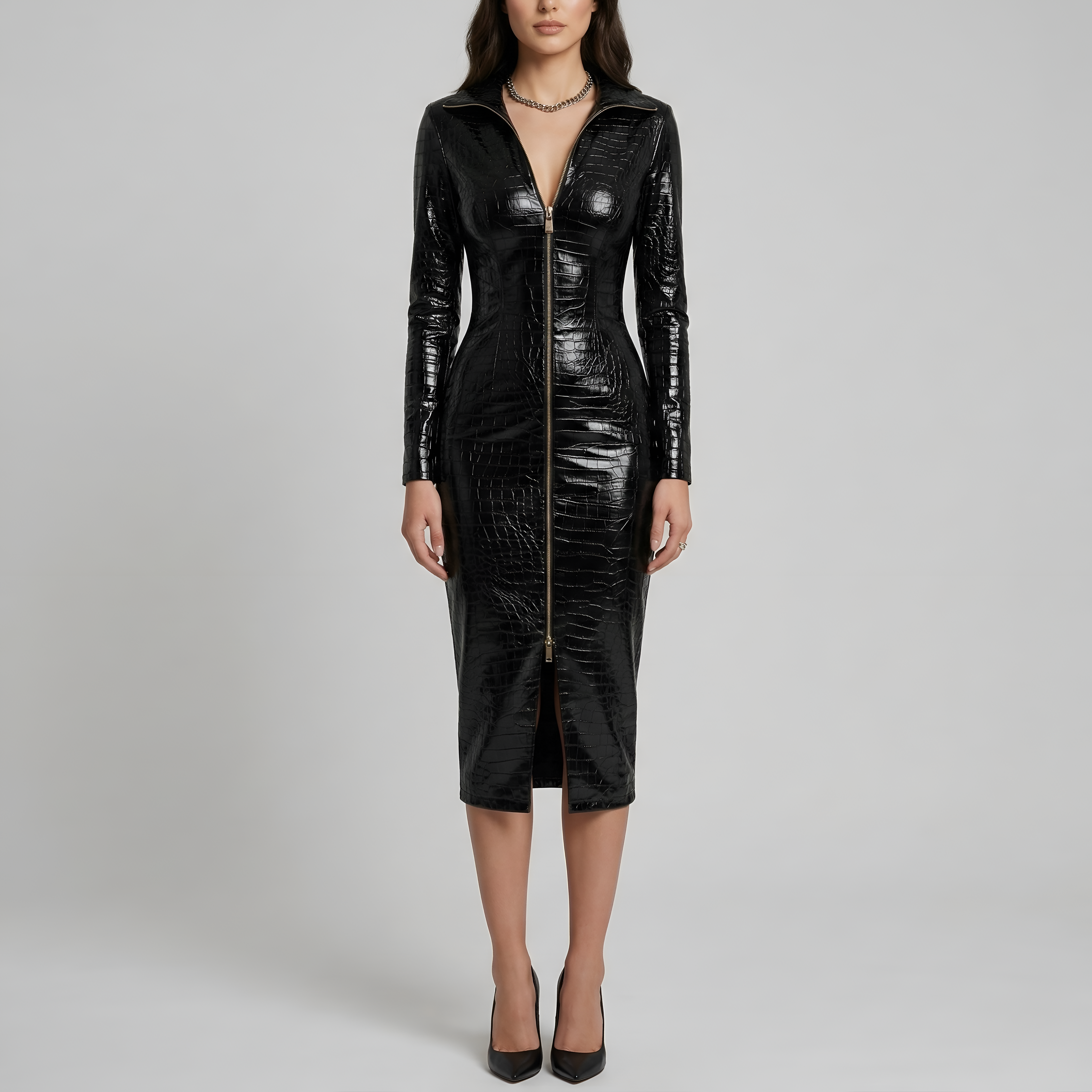 Vestido ajustado de mujer efecto piel con cremallera frontal y mangas largas vestido midi
