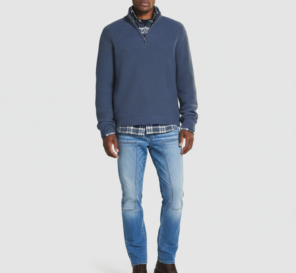 Valerios Fashion pull homme à fermeture éclair col montant en coton