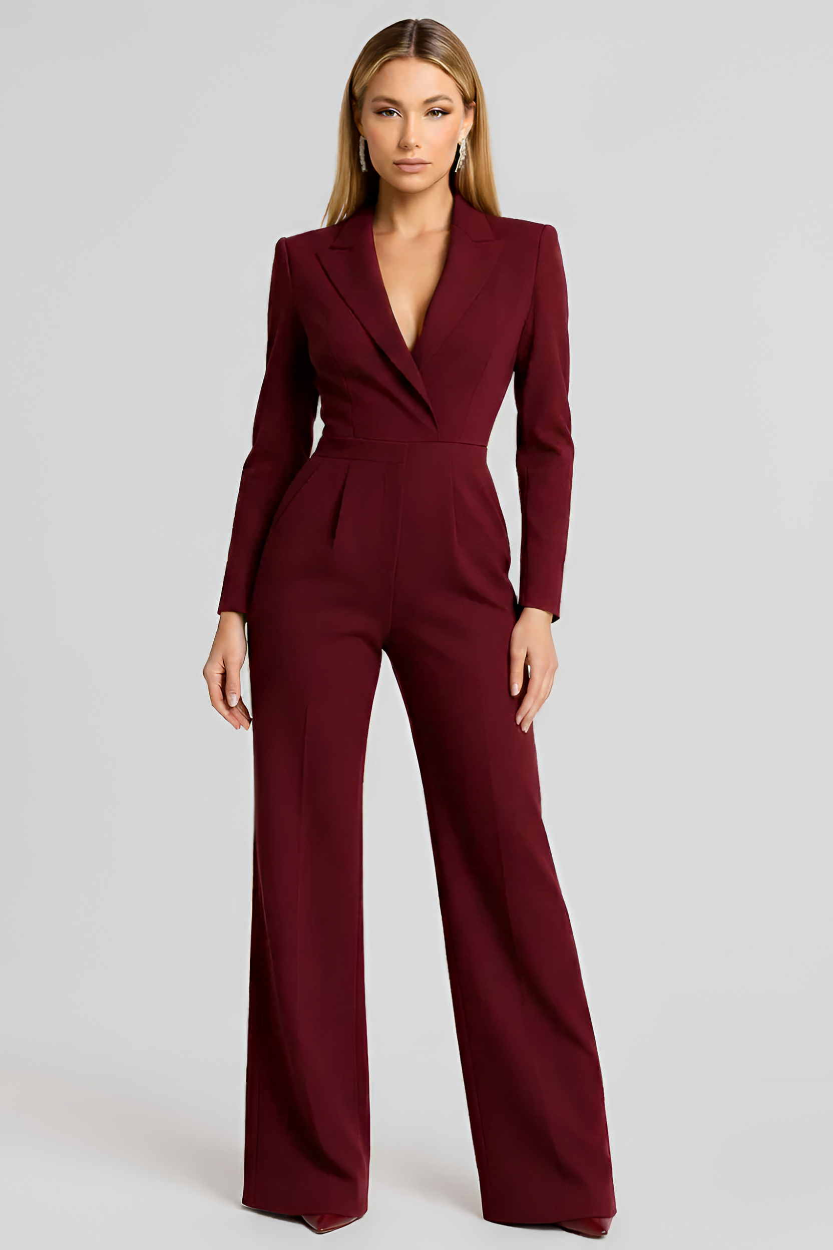 Mono de mujer elegante estilo blazer con escote en V y pierna ancha, ajuste regular