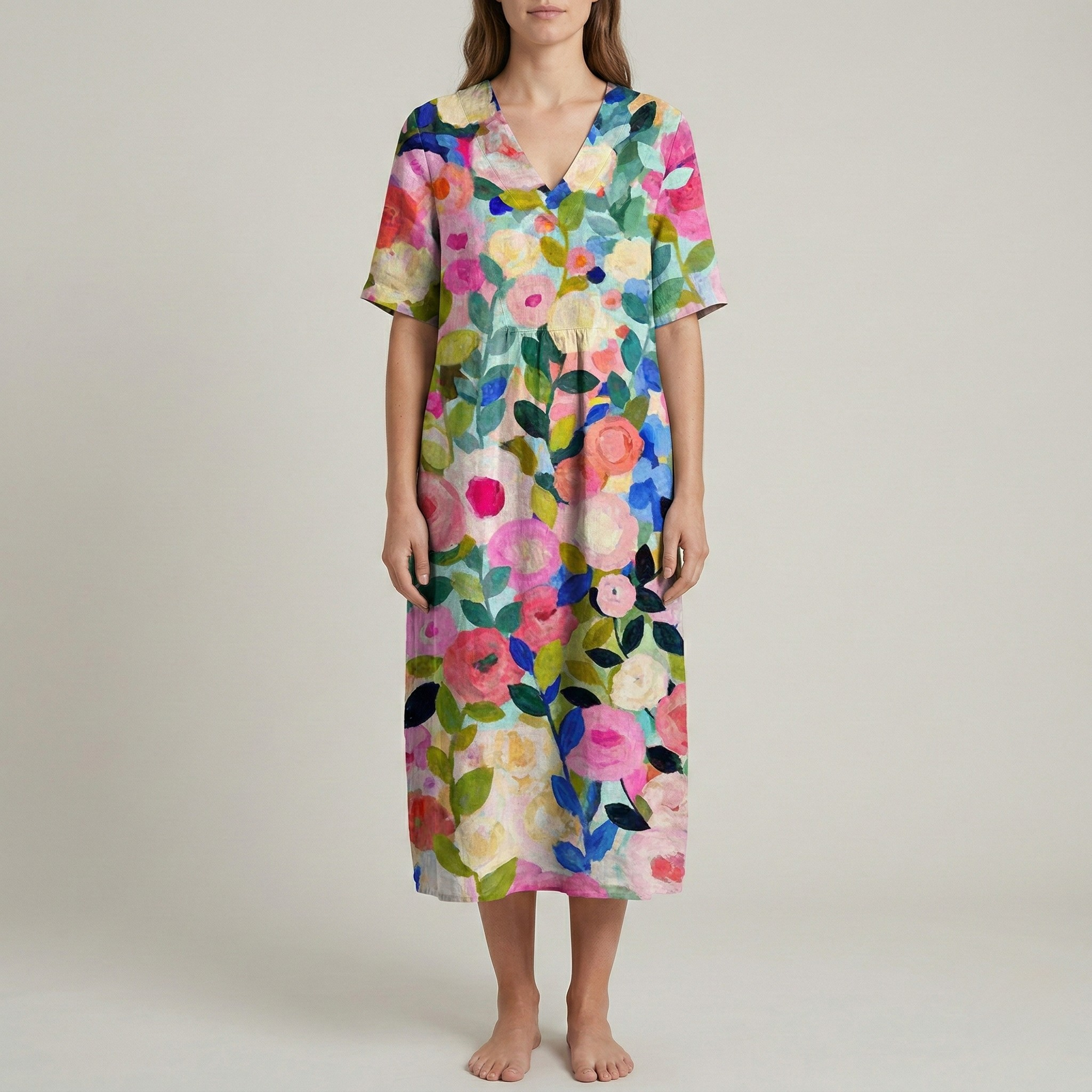 Vestito lungo donna floreale in cotone con scollo a V manica corta