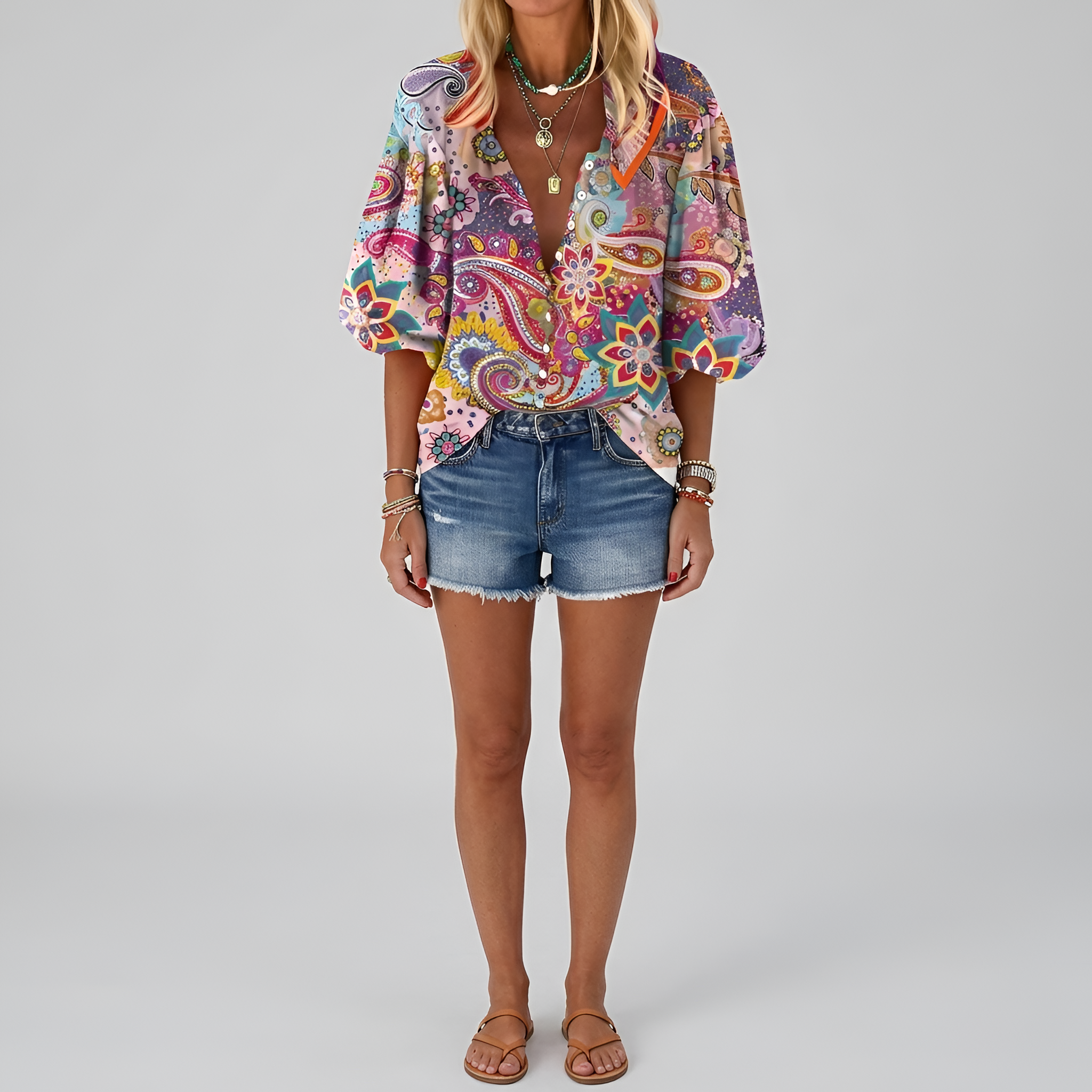 Bluse til kvinder med blomsterprint, knapper, lange ærmer, afslappet og elegant daglig skjorte