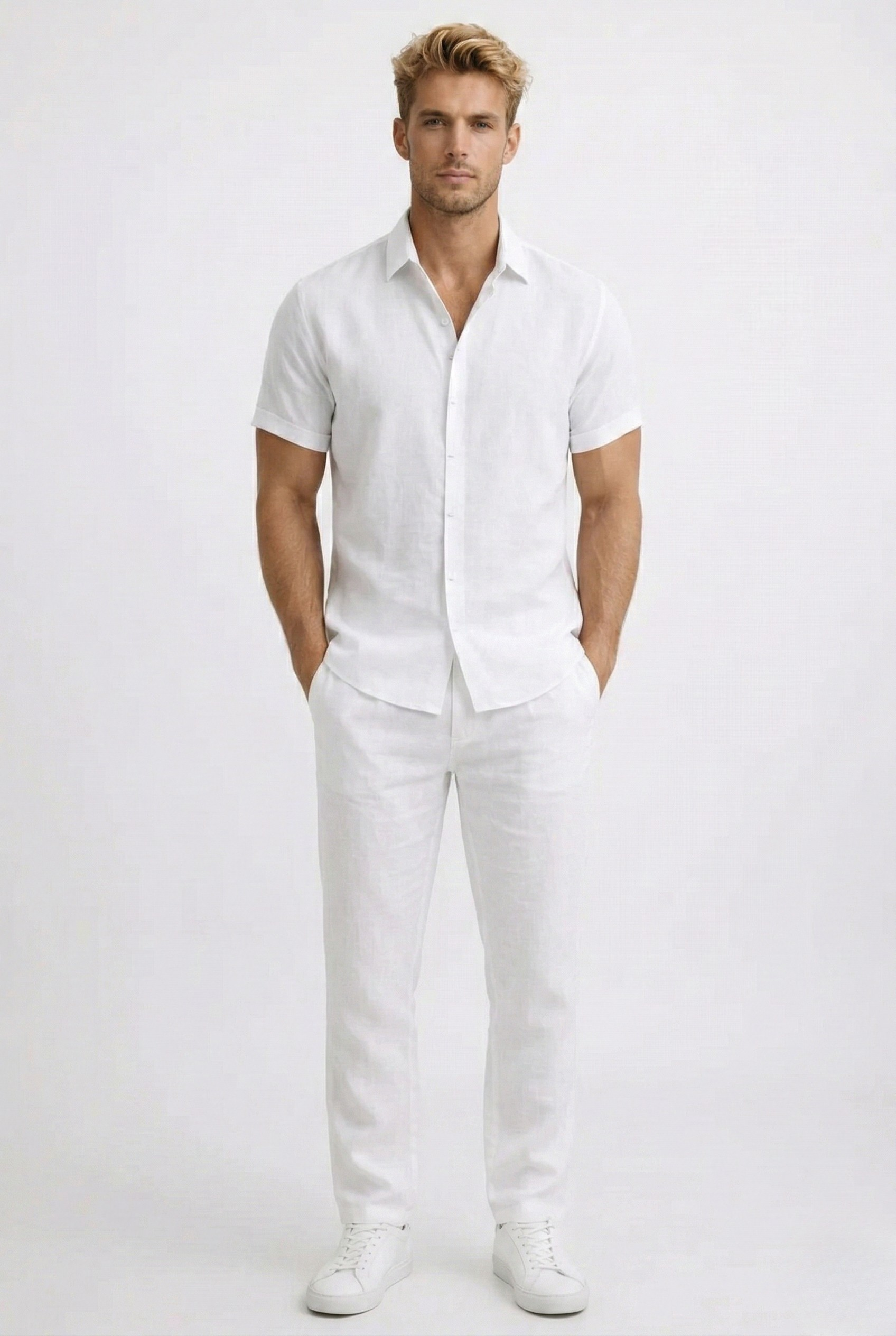 Camisa de Homem em Linho Manga Curta Ajustada de Verão Casual Elegante