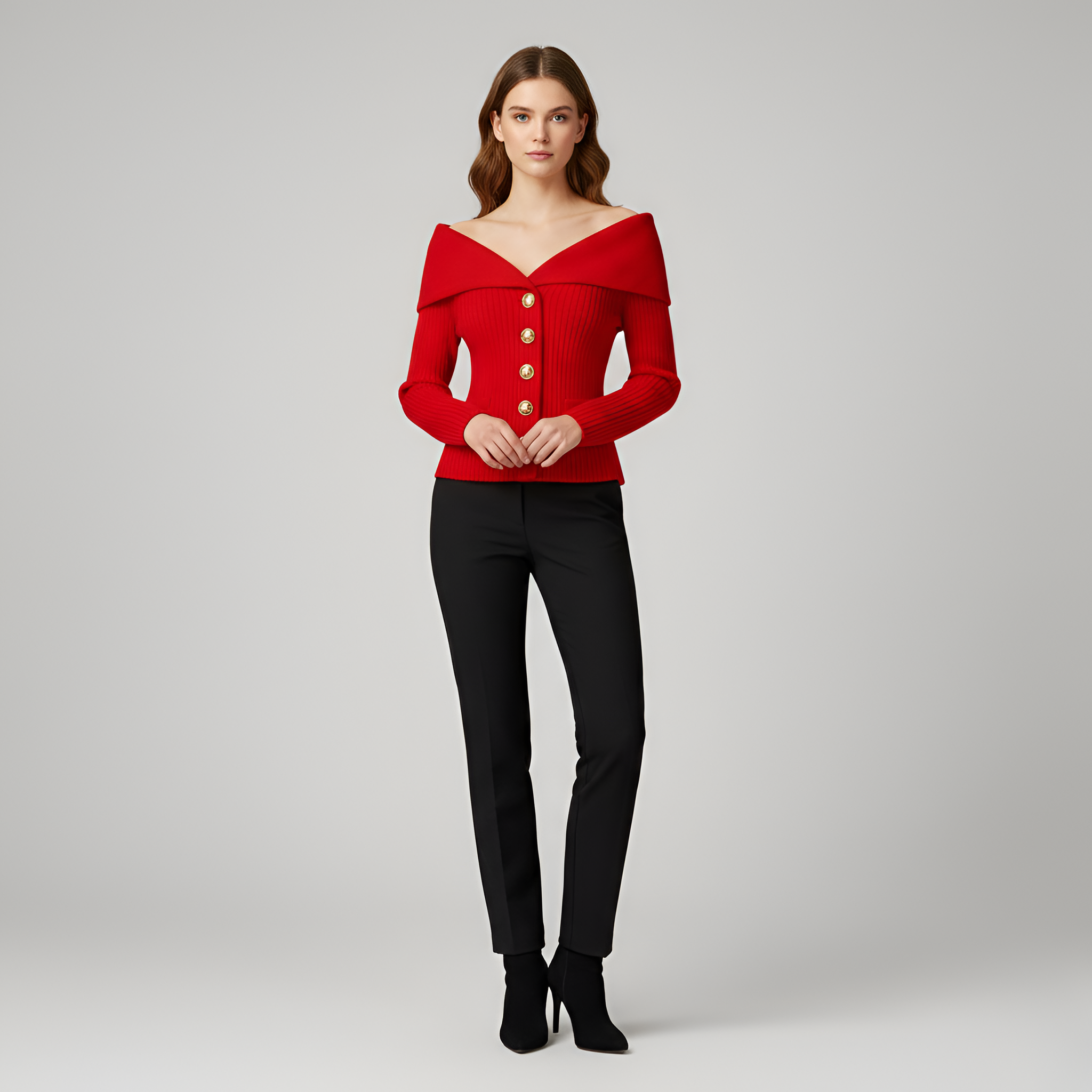 Női bordázott kardigángombos V-nyakú szűk szabású pulóver