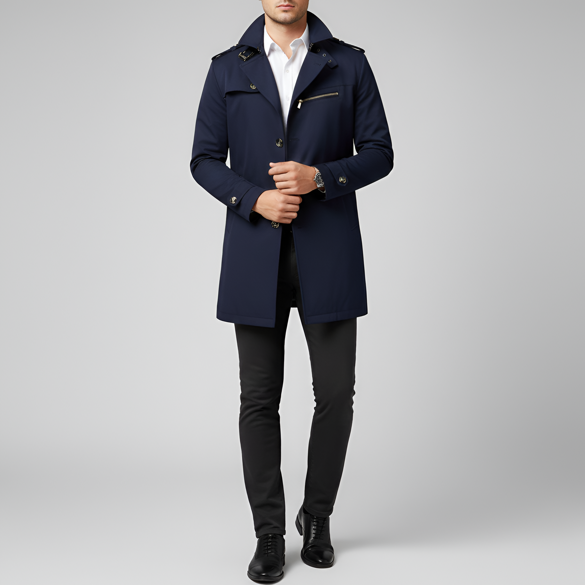 Valerios Fashion trench coat masculino elegante com cinto e fecho de botões
