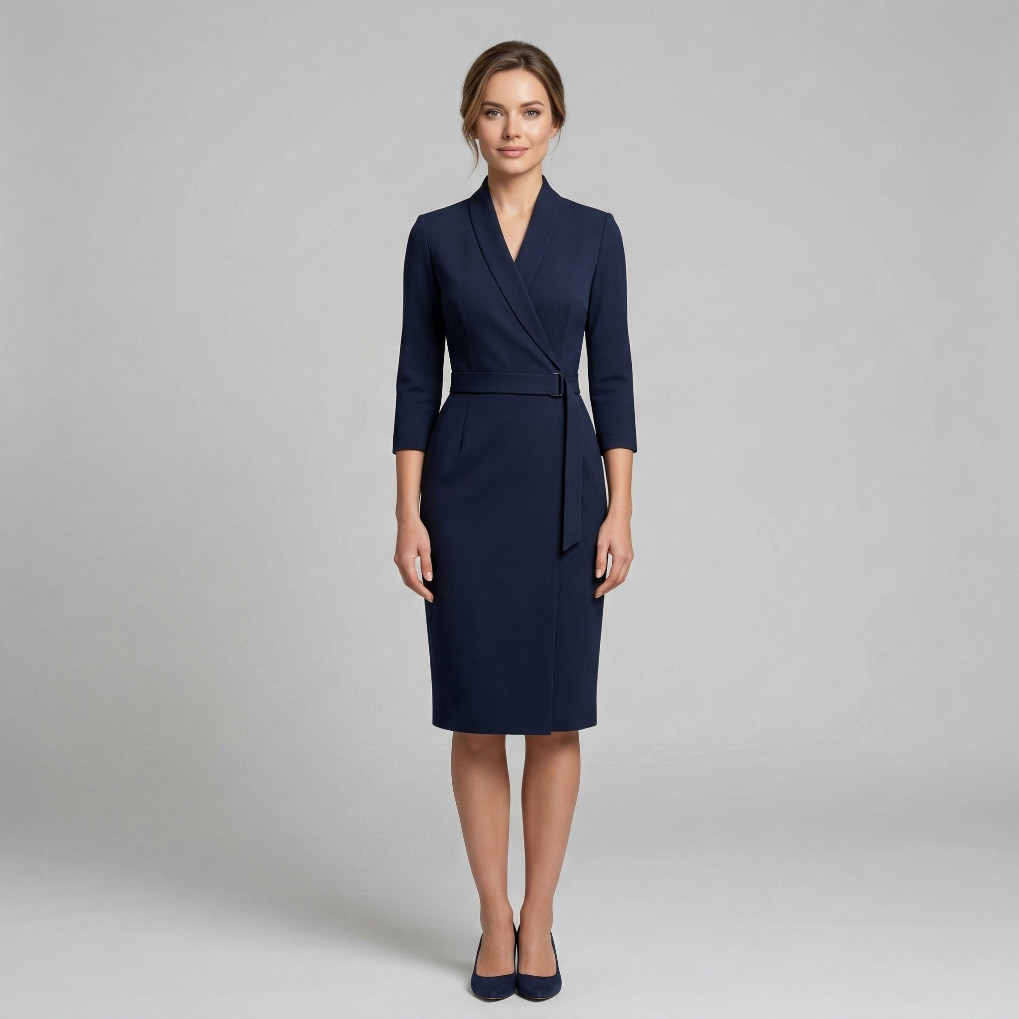 Vestito donna elegante midi con cintura scollo a V maniche 3/4 abito sartoriale slim