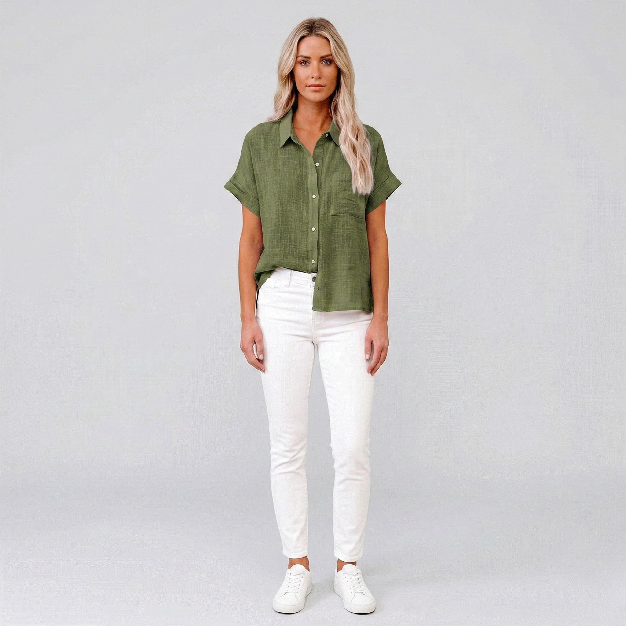 Camisa de lino para mujer manga corta blusa de verano con botones