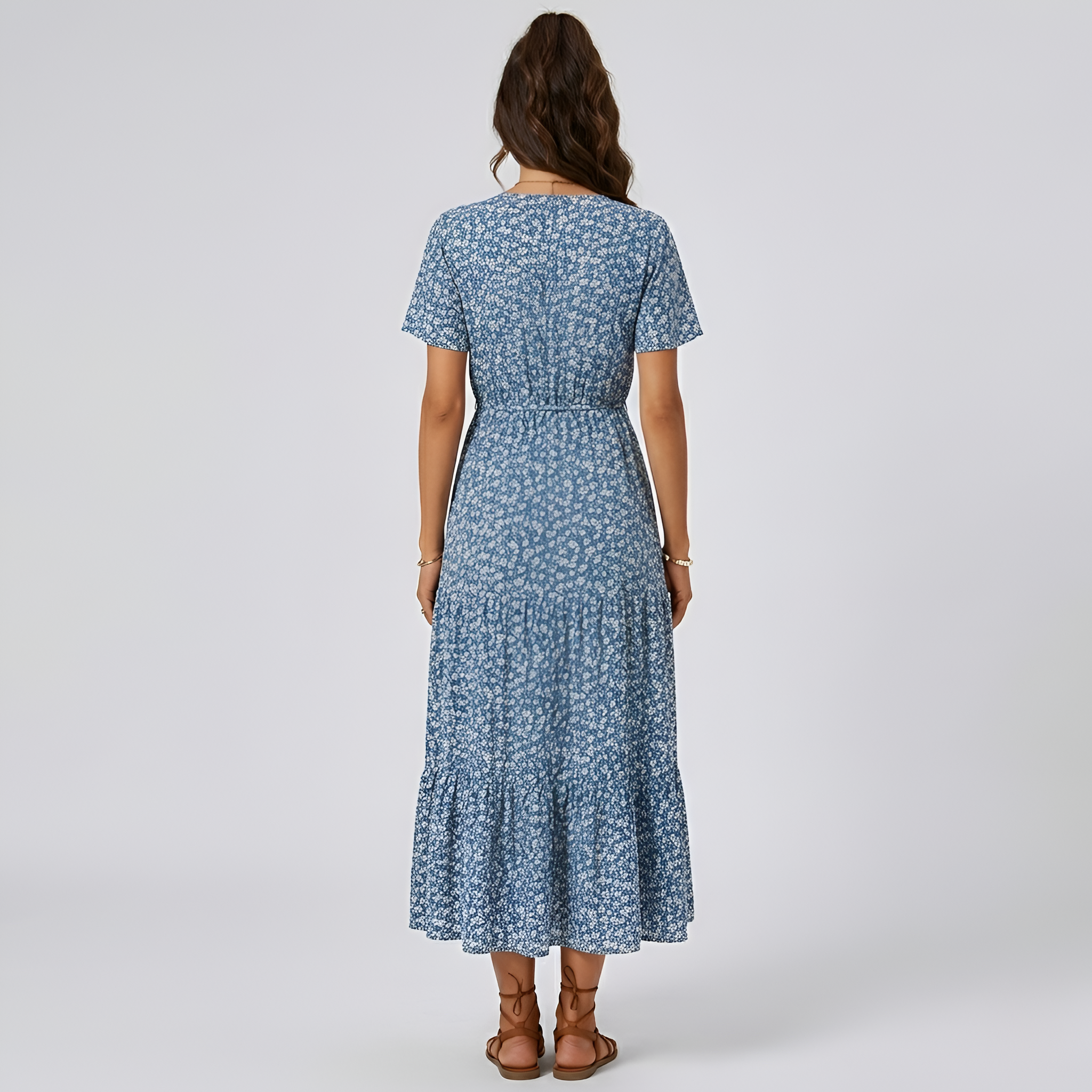 Vestido longo feminino floral com decote em V, mangas curtas e botões frontais