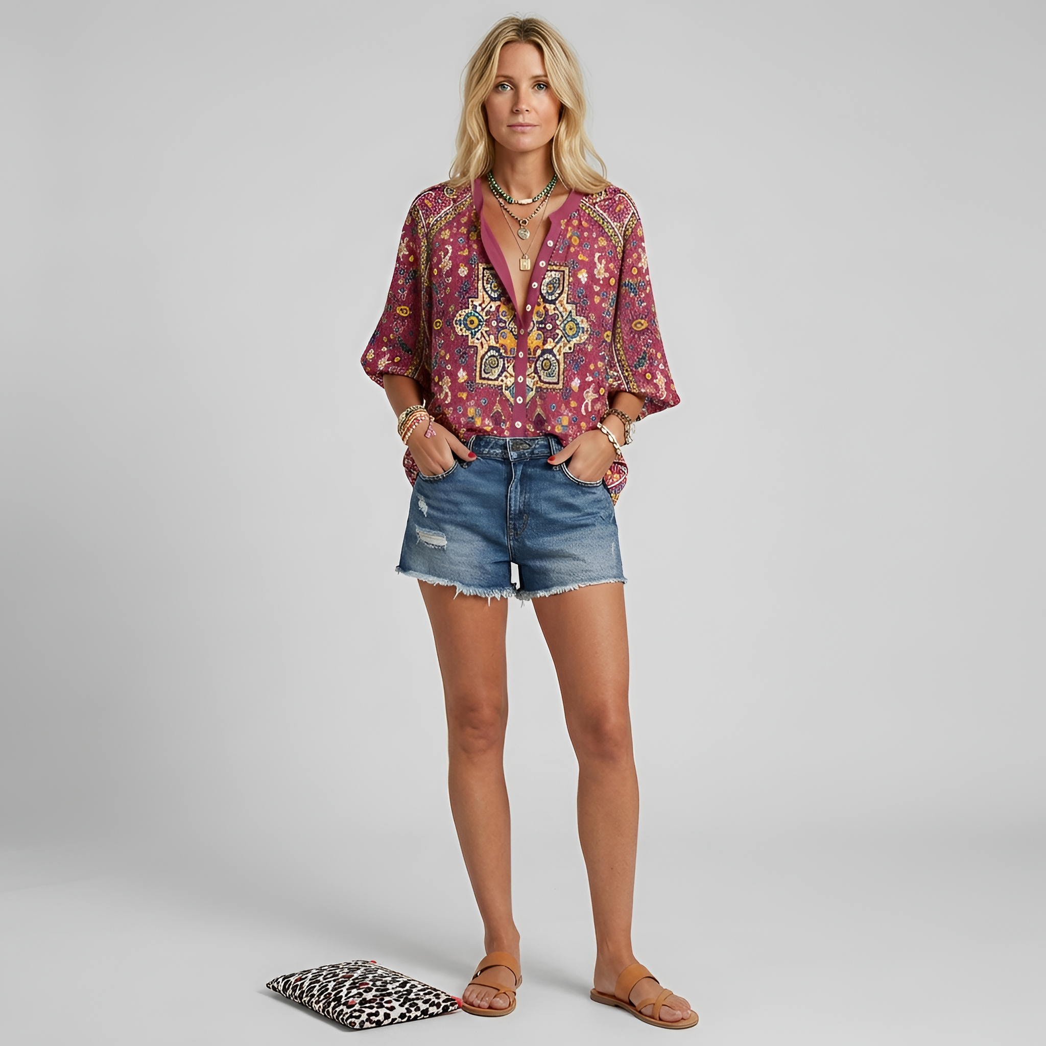 Bluse til kvinder med blomsterprint, knapper, lange ærmer, afslappet og elegant daglig skjorte