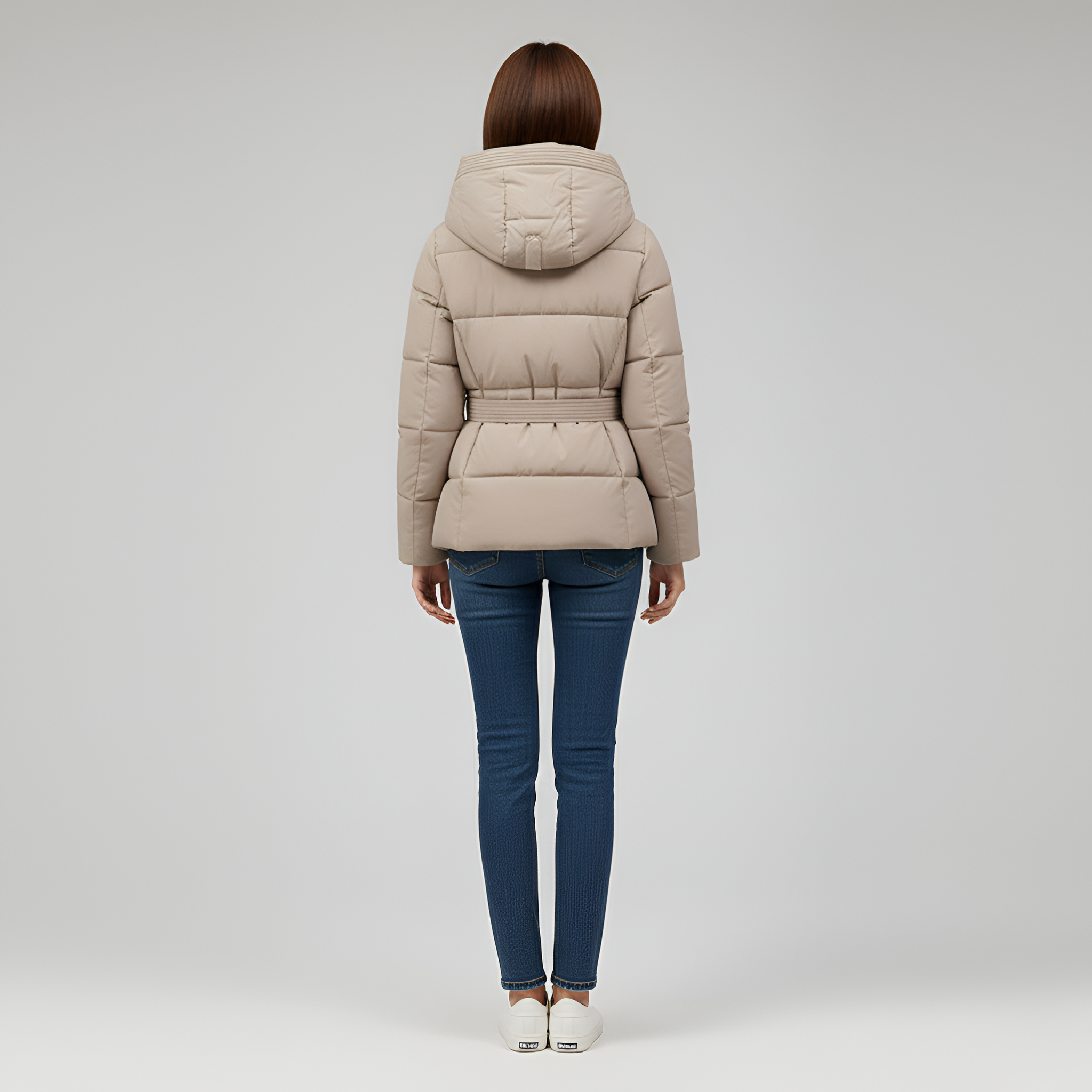 Valerios Fashion dame dunjakke med hætte og bælte, foret, vinter
