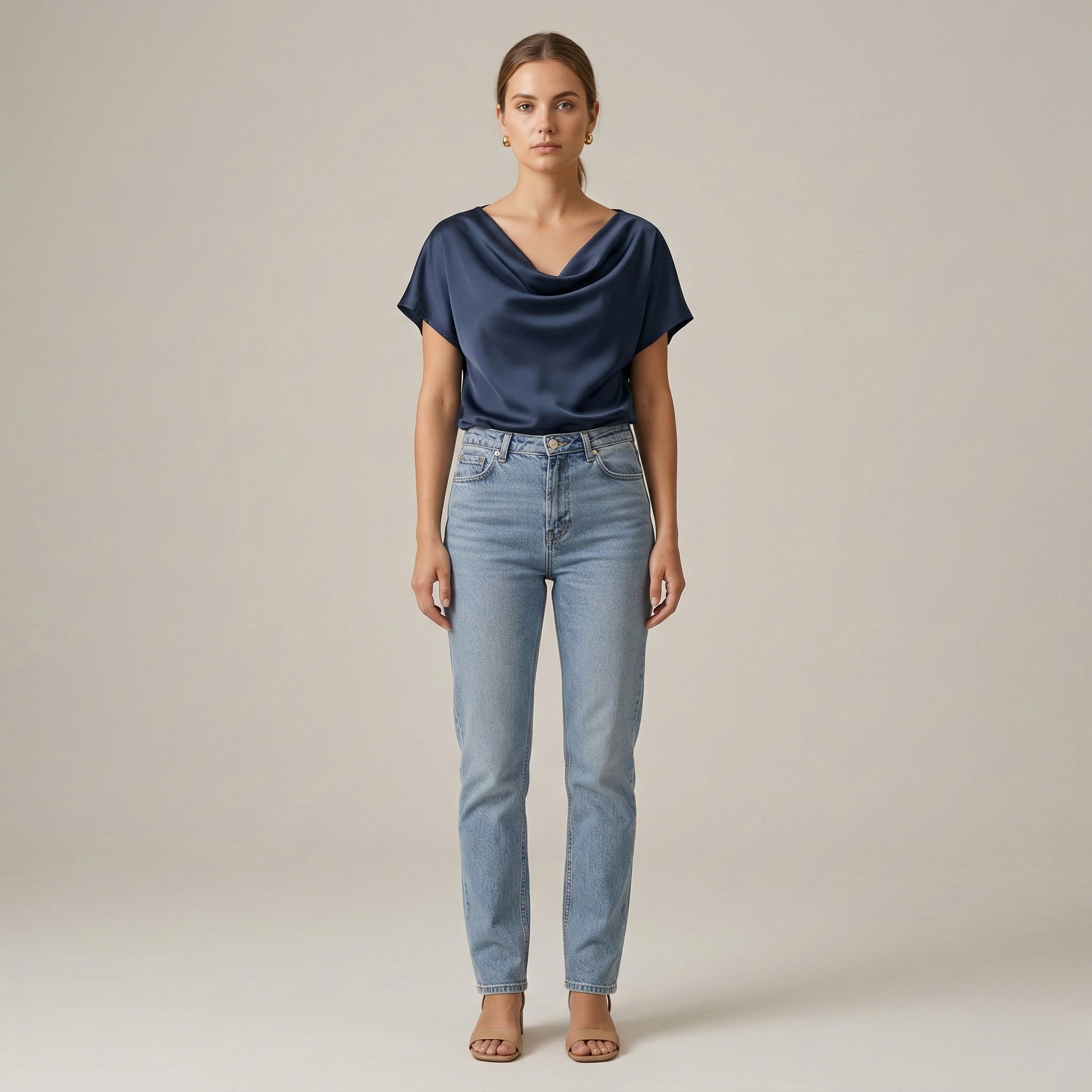 Elegant bluse til kvinder med draperet halsudskæring, korte ærmer, casual elegant top