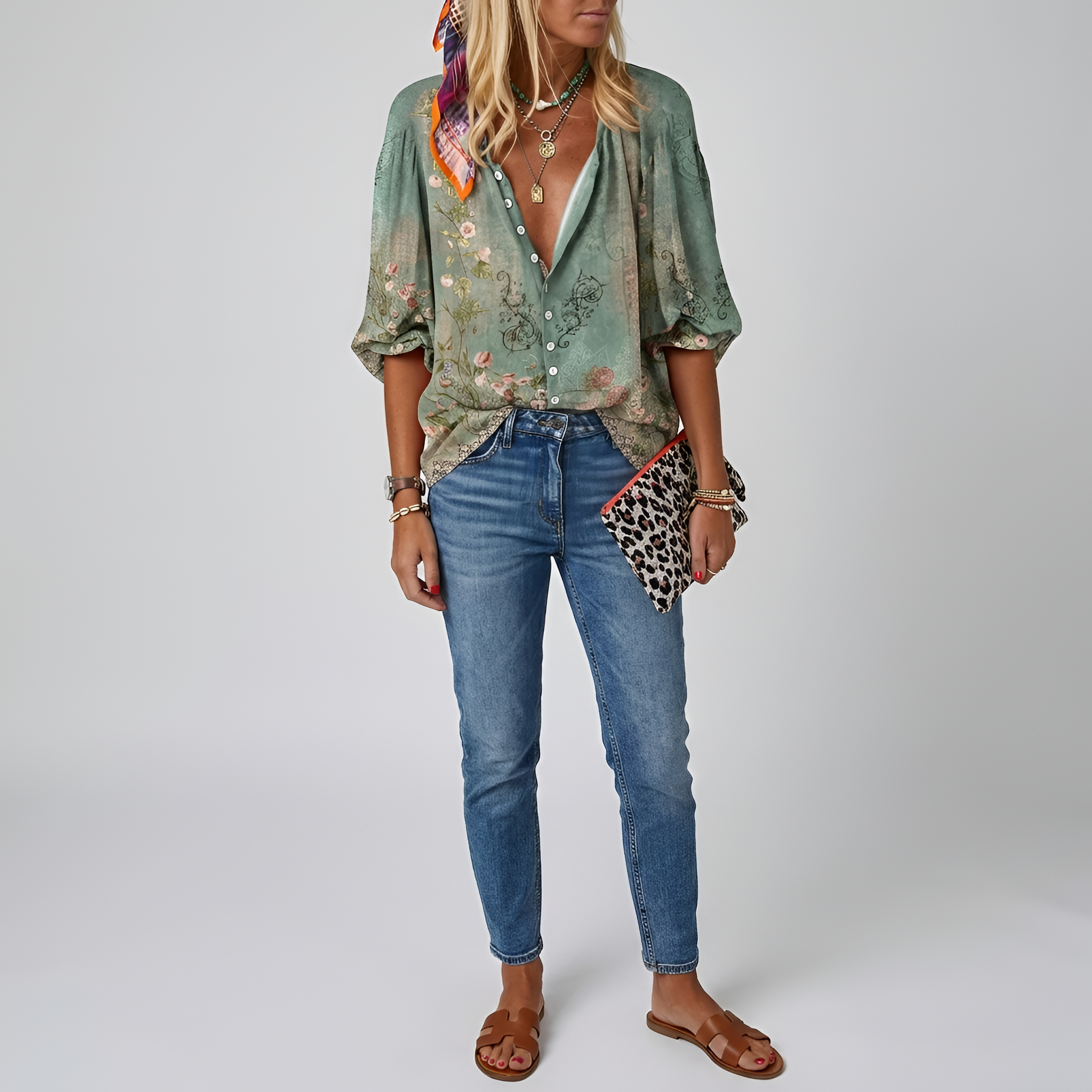 Blusa de Verão Dames com Estampa, Fecho de Botões e Mangas Médias