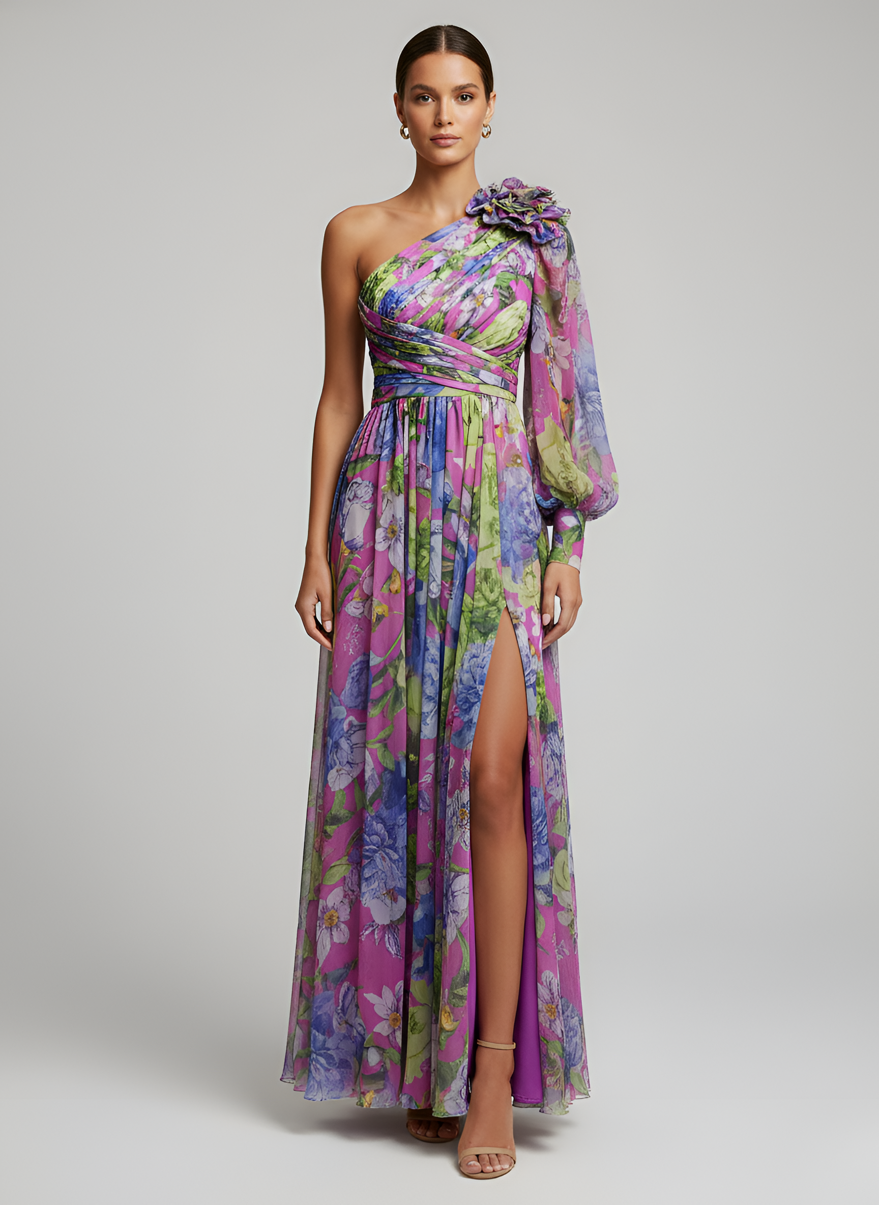 Abito lungo donna monospalla floreale con manica lunga e spacco elegante