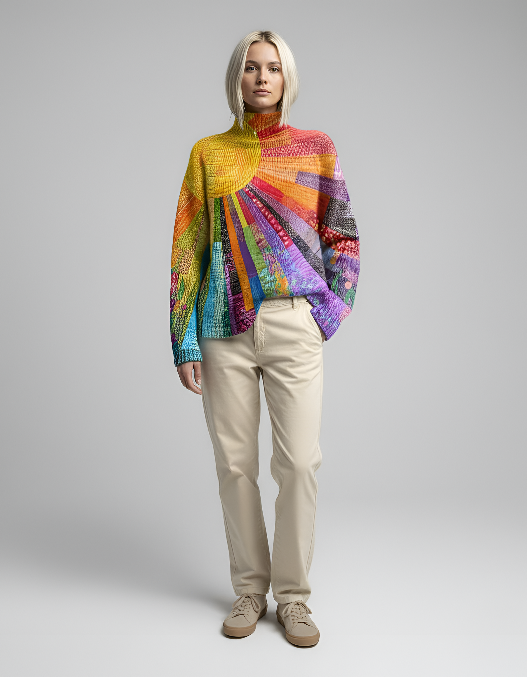 Pulover damă cu guler înalt, model abstract, tricot moale casual de iarnă