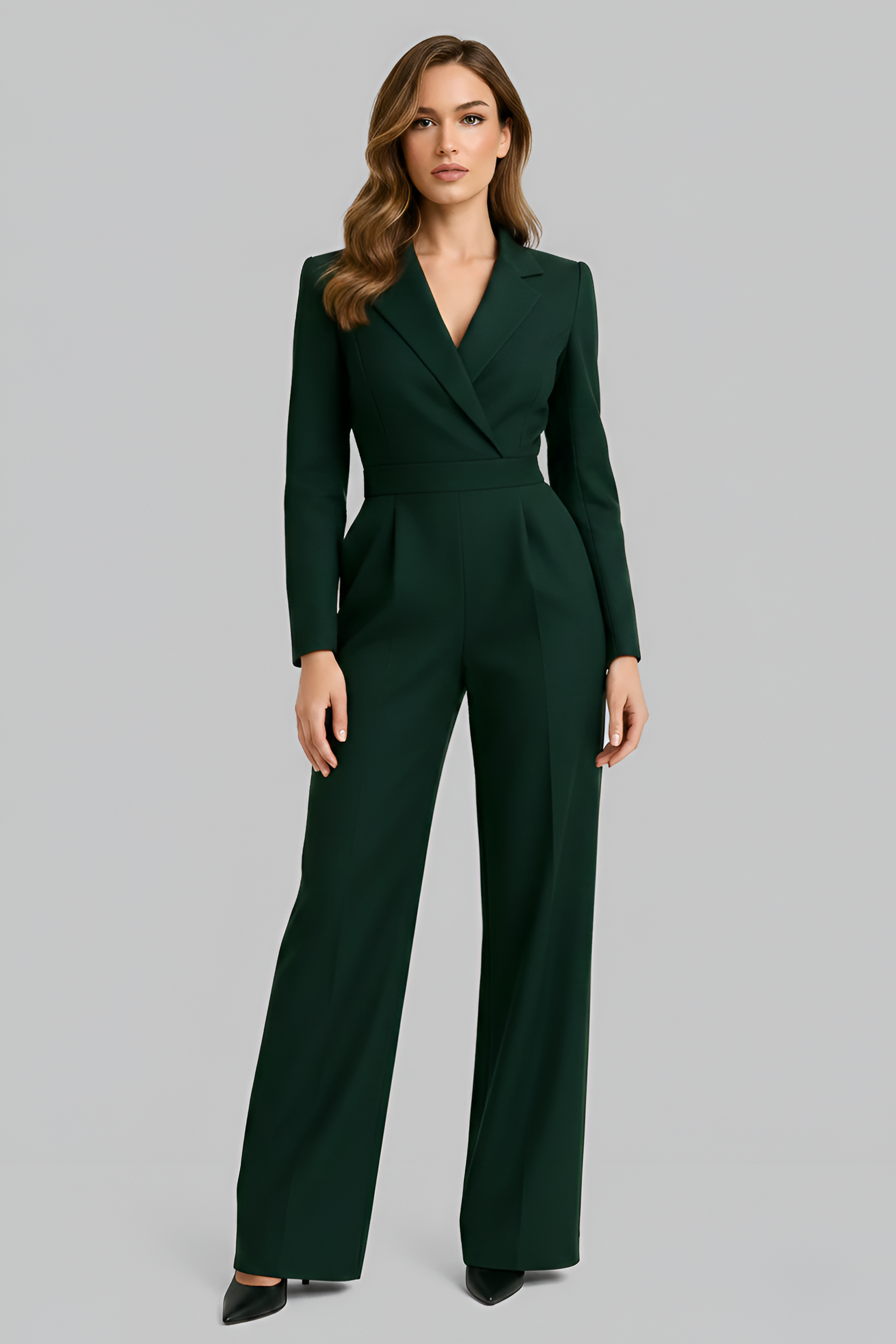 Mono de mujer elegante estilo blazer con escote en V y pierna ancha, ajuste regular