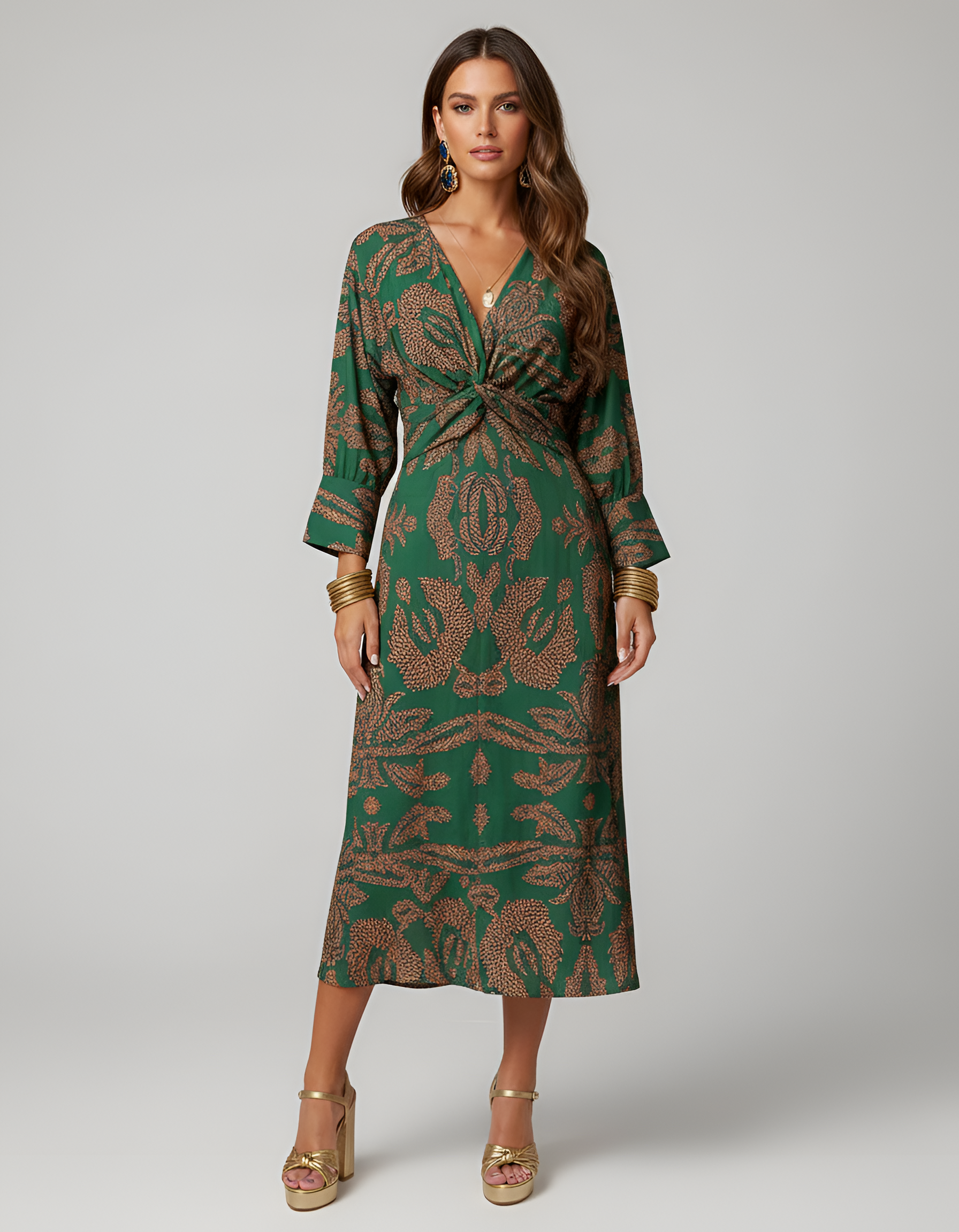 Midi šaty pre ženy s výstrihom do V, dlhými rukávmi a predným uzlom