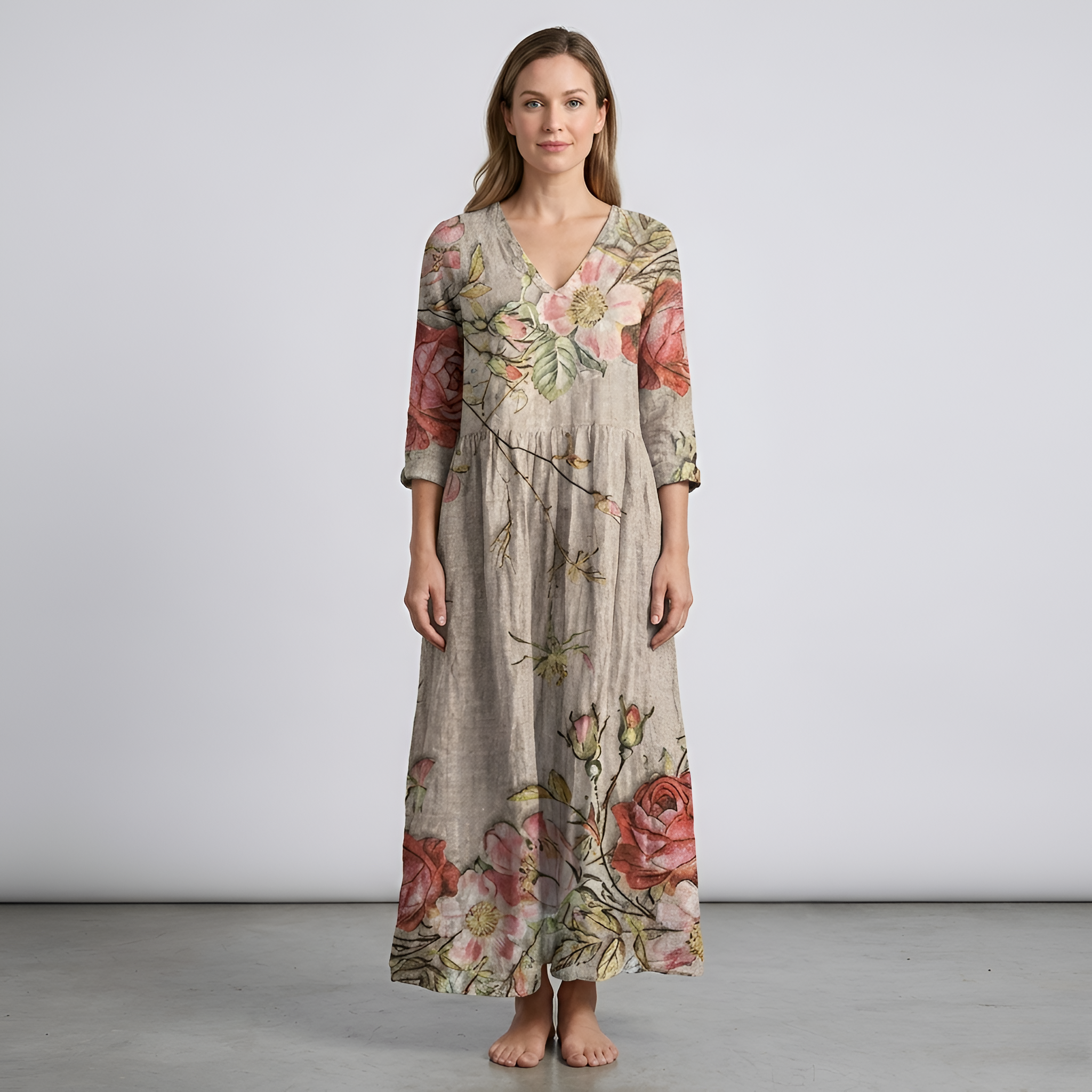 Vestido longo de mulher floral em algodão com decote em V e manga comprida, estilo casual boho