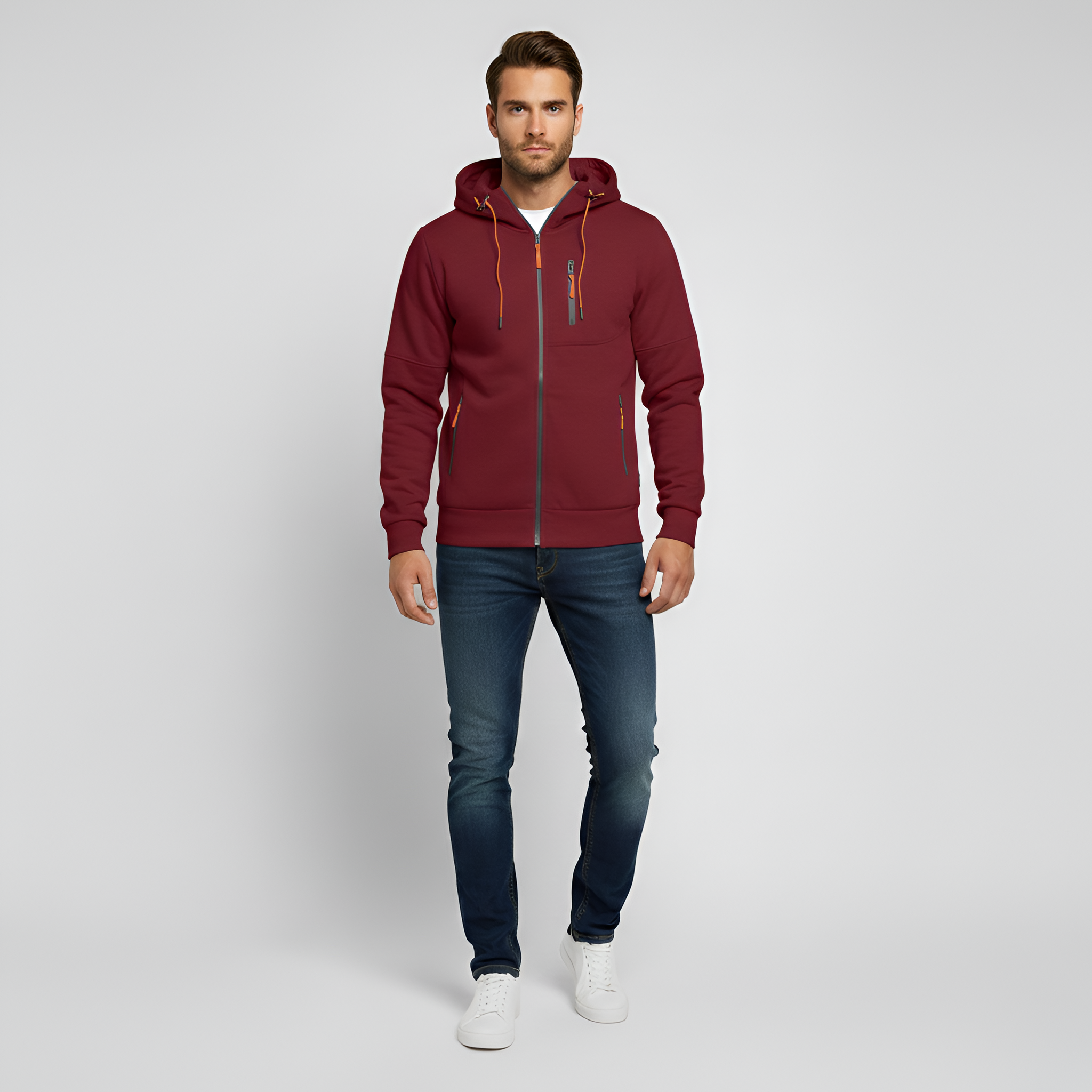 Sweatshirt com capuz masculina com fecho de correr em algodão felpado