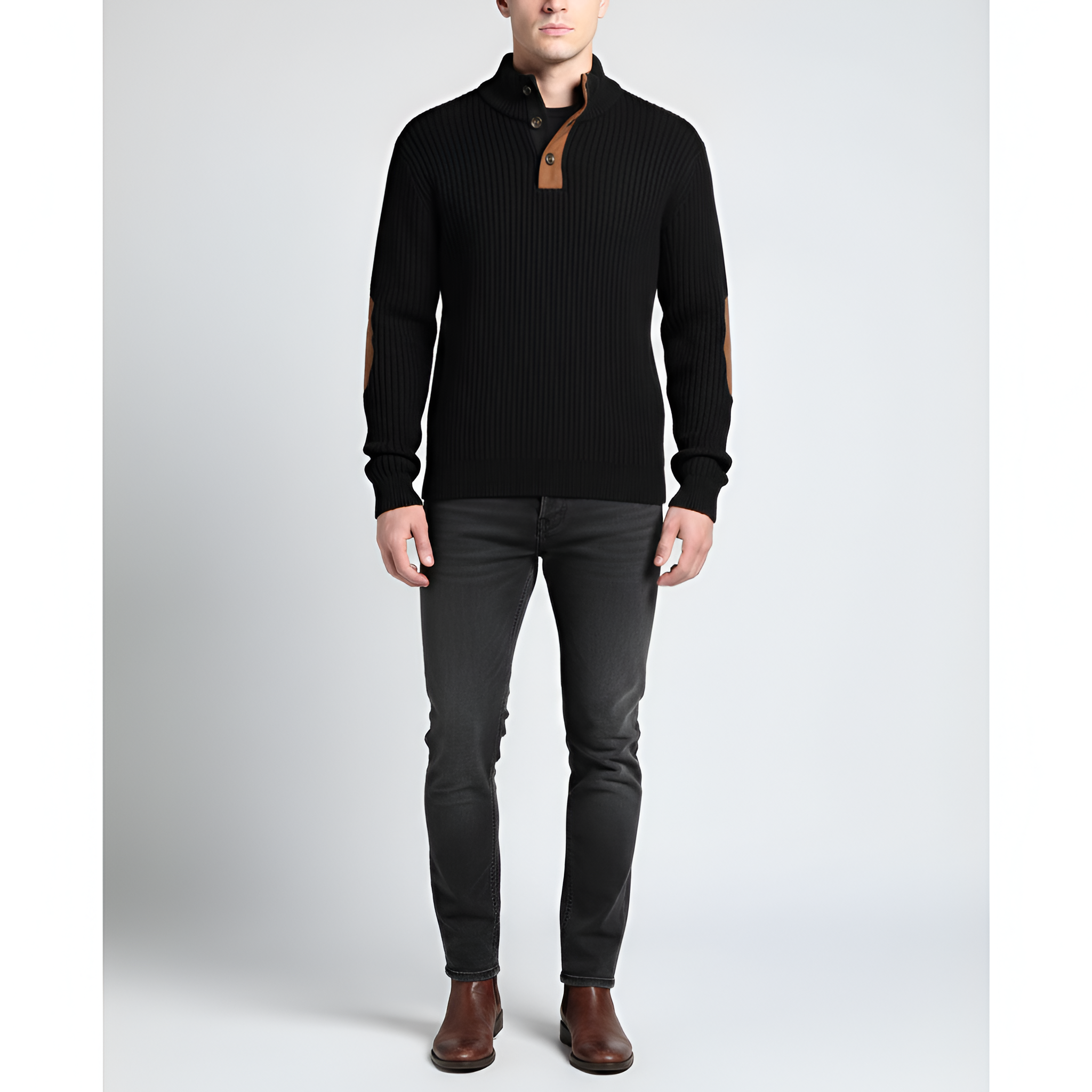 Valerios Fashion maglione dolcevita uomo a coste con toppe ai gomiti