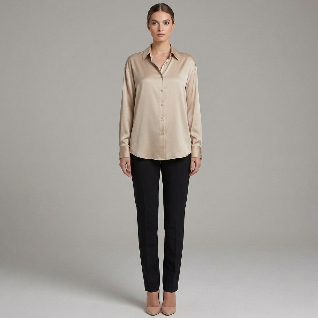 Elegancka damska satynowa koszula z guzikami, klasyczna damska bluzka z długim rękawem