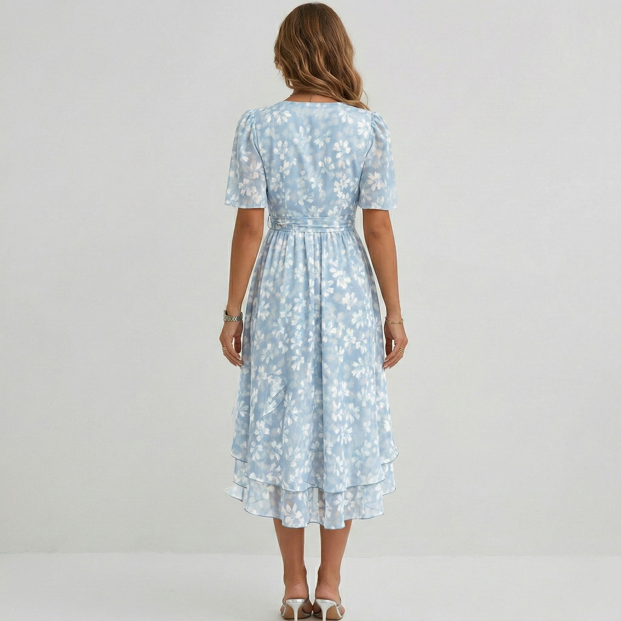 Vestito Donna Floreale con Scollo a V Manica Corta e Cintura in Vita