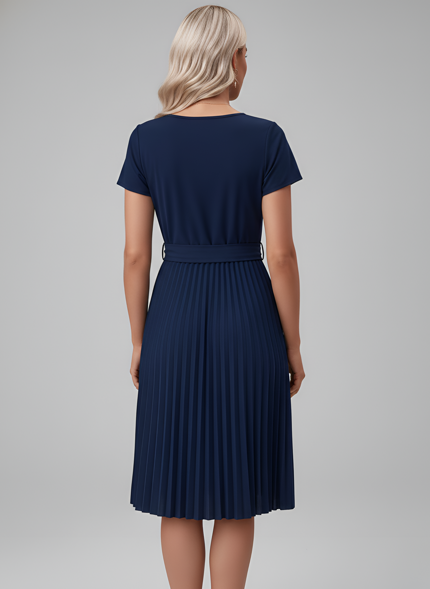 Abito Midi Plissettato Donna con Cintura e Maniche Corte in Tessuto Fluido