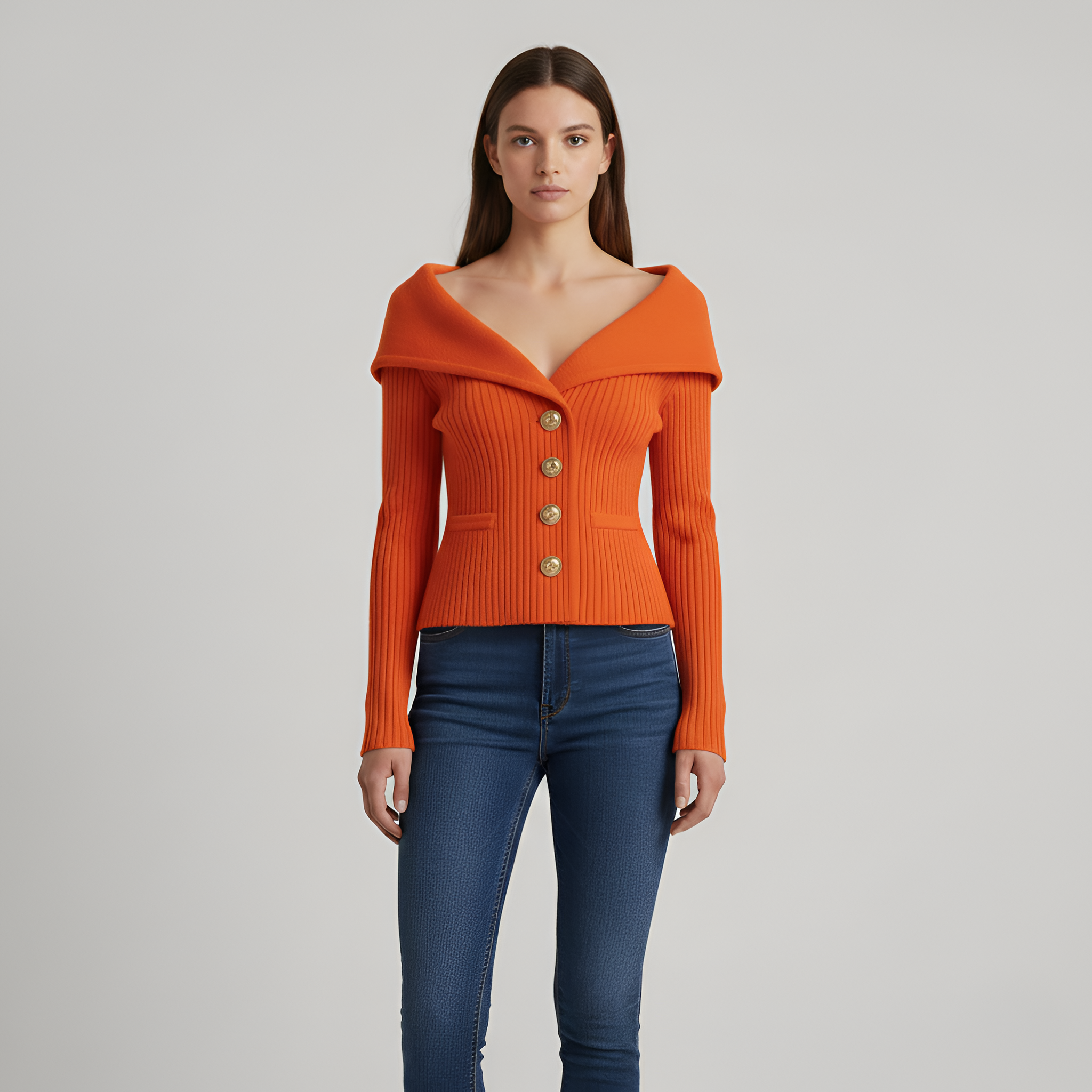 Női bordázott kardigángombos V-nyakú szűk szabású pulóver