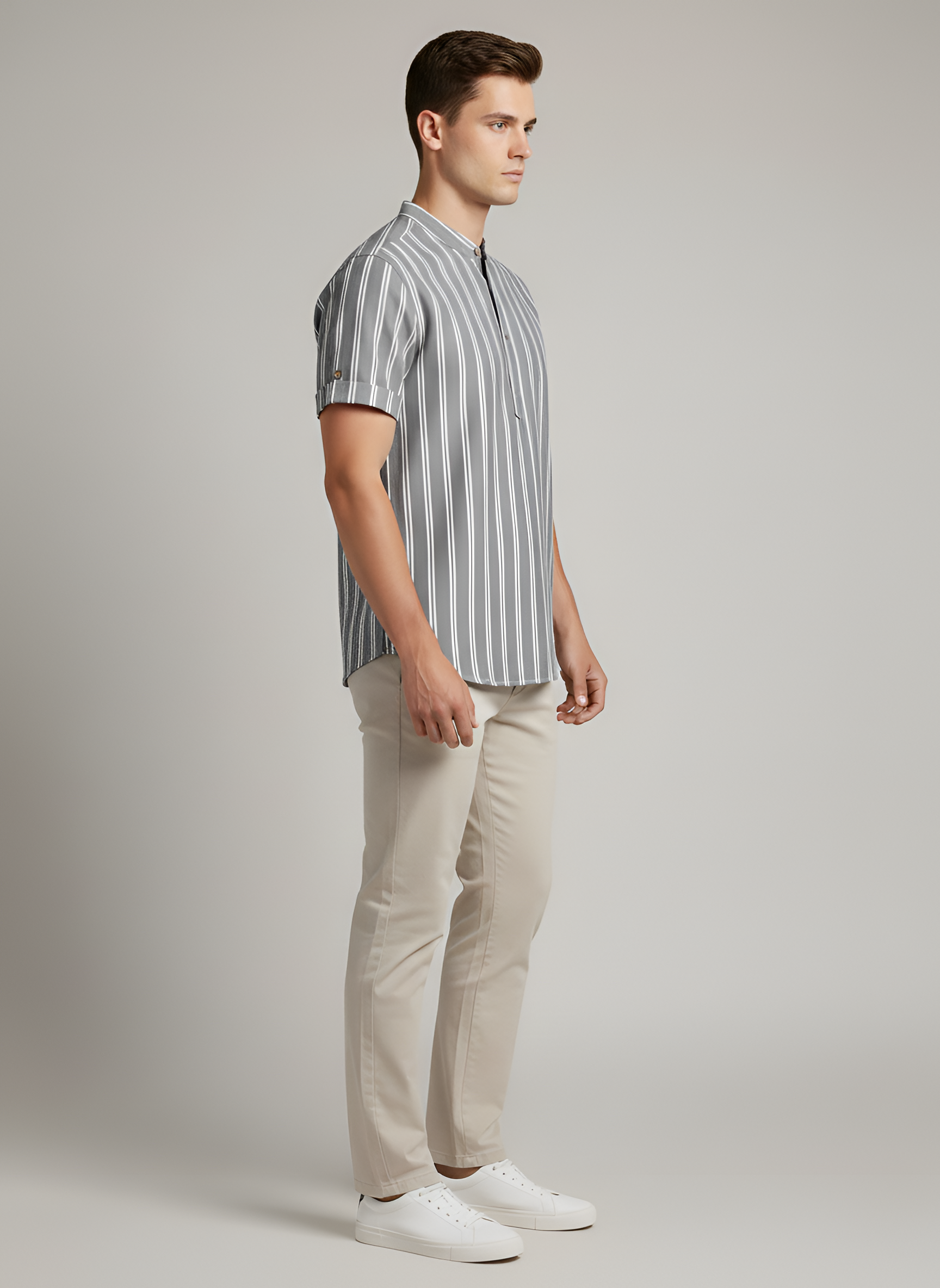 Koszula męska w paski z krótkim rękawem i kołnierzem typu koreańskiego z bawełny