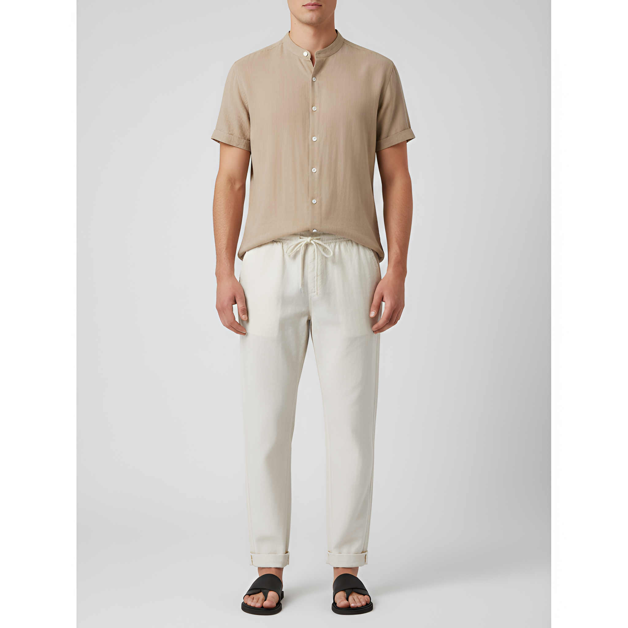 Conjunto Homem Camisa e Calças em Linho com Manga Curta e Ajuste Regular