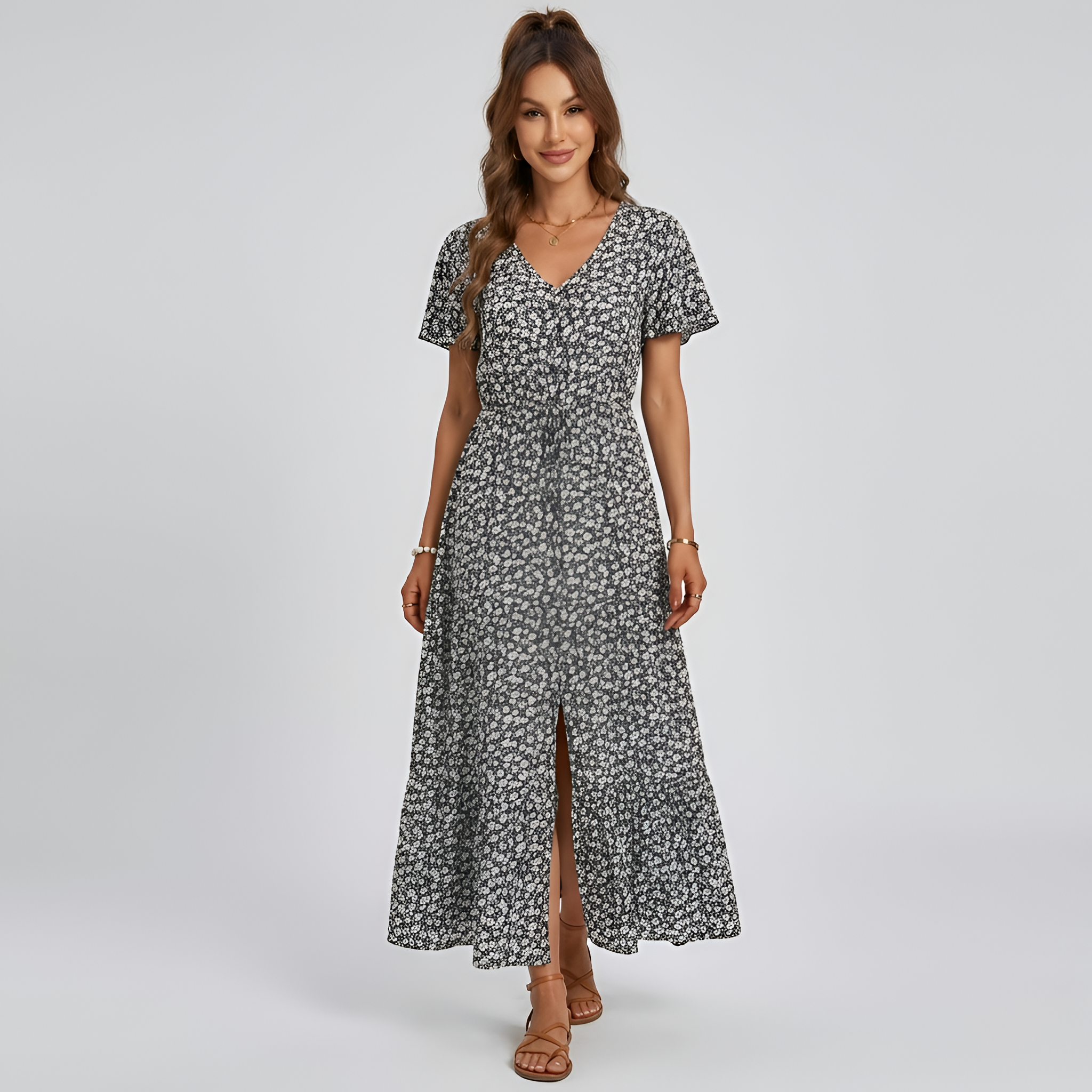 Vestido longo feminino floral com decote em V, mangas curtas e botões frontais